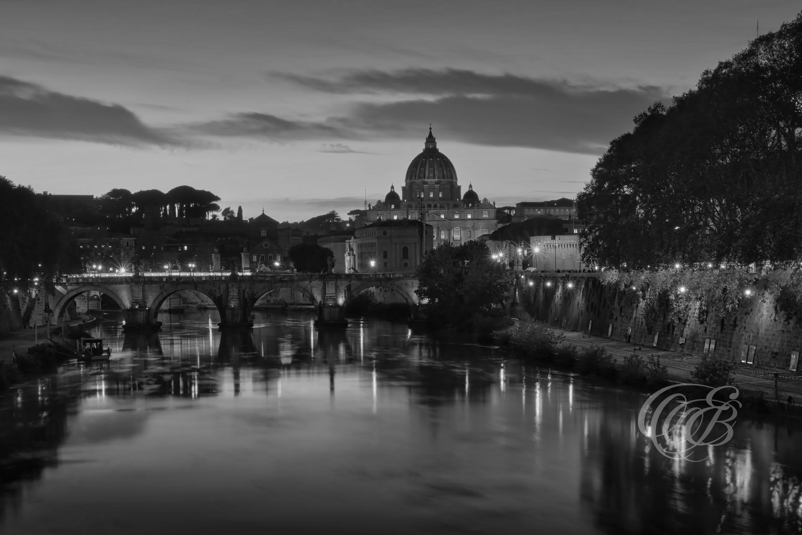 Rome Italy - The Ponte Sant'Angelo & the Vatican at sunset - Eduardo Bartoli Fine Art Photography - Black and white fine art photograph of the Ponte Sant'Angelo and the Vatican at sunset in Rome, Italy – photography by Eduardo Bartoli.