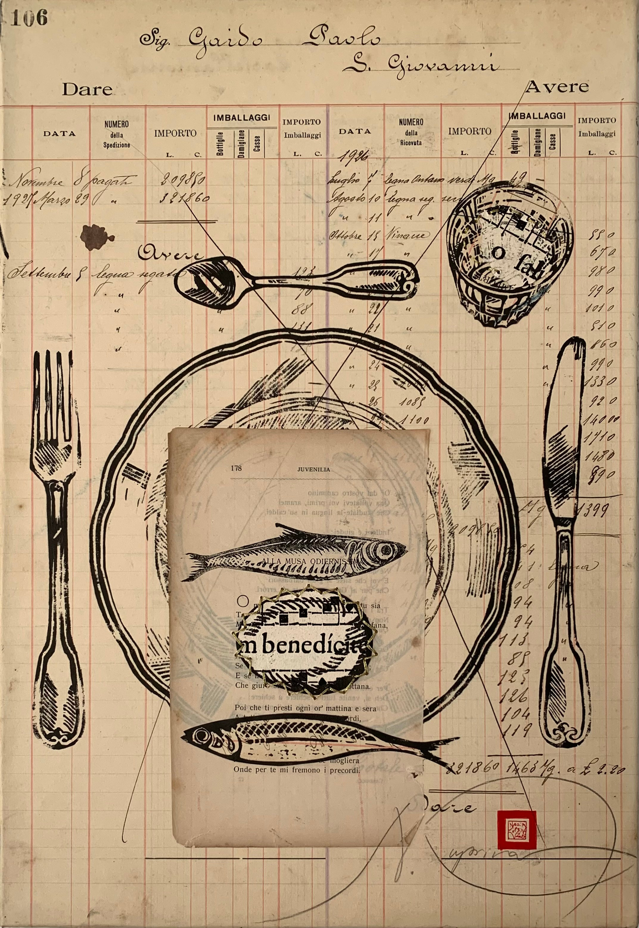 La serie Panem Quotidianum si sviluppa come operazione di riattivazione archivistica: un registro contabile del 1918–1930, proveniente da un’azienda vinicola piemontese, diventa matrice concettuale e supporto materiale. Il numero di pagina determina il titolo dell’opera, mentre l’intervento manuale in linoleografia introduce piatti e posate stampati uno a uno dall’artista. Il lavoro indaga il pasto condiviso come dispositivo simbolico e sociale, interrogando la relazione tra economia e sacralità, tra consumo e gratitudine, tra ricchezza spirituale e povertà. La tradizione gastronomica italiana si trasforma così in campo semantico e rituale.