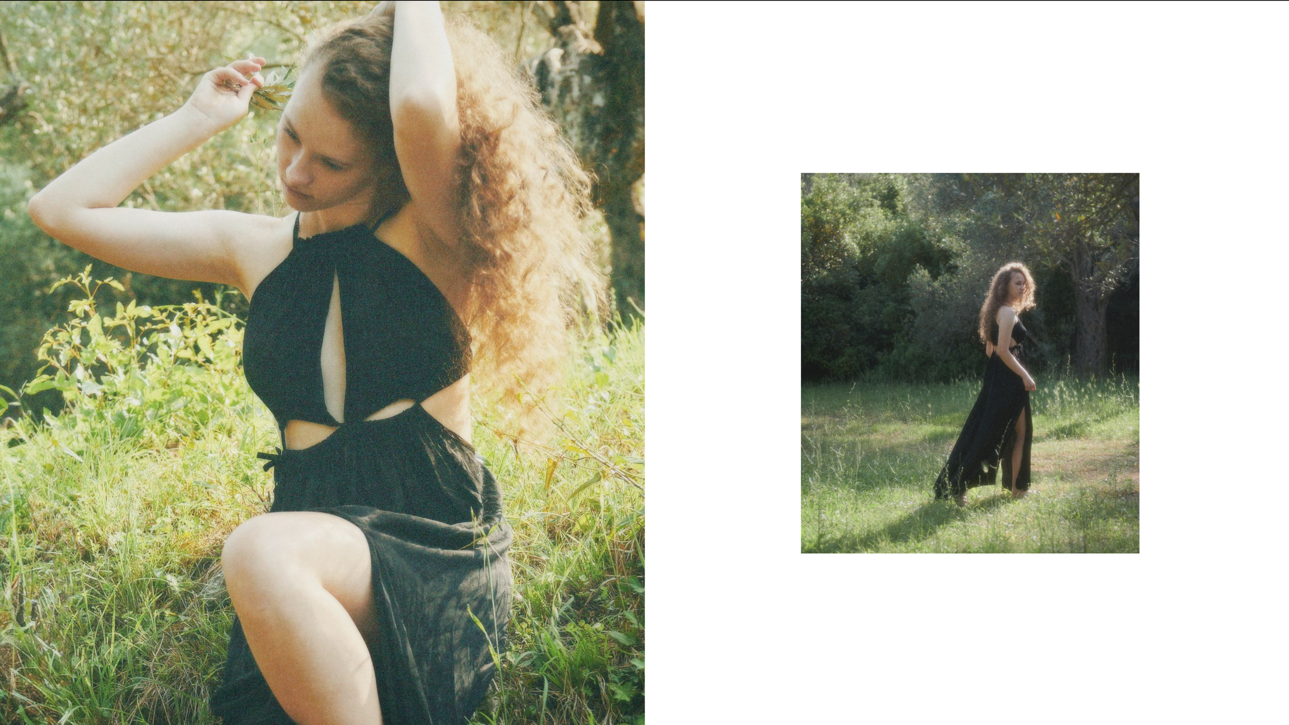 Fashion campaign for a clothing brand, photographed in a forest  in natural light