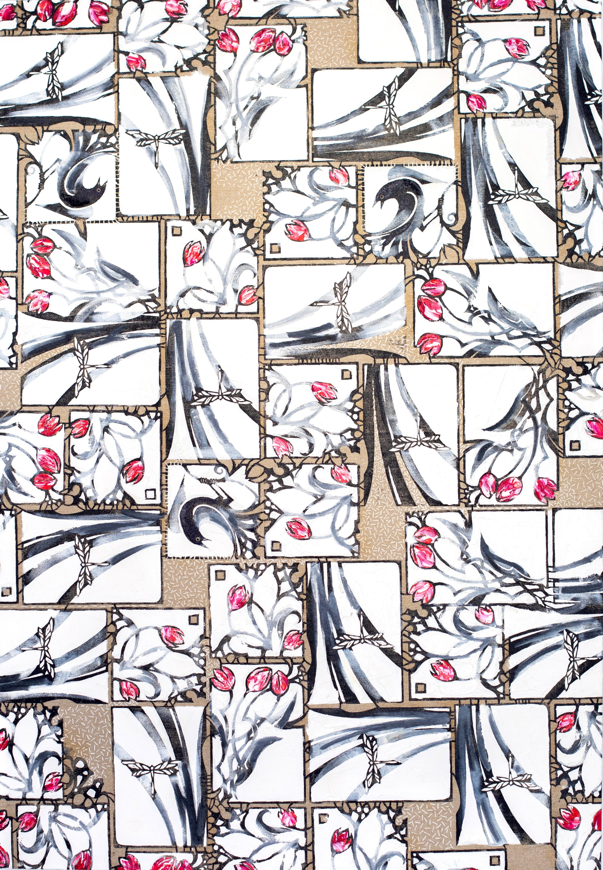 Tela “Merli e Tulipani”, tecnica mista su tela, linoleografia stampata a mano, ricamo e olio materico applicato a spatola, pattern floreale ripetuto, merli neri e tulipani rossastri su fondo bianco e nero, opera decorativa e da collezione.