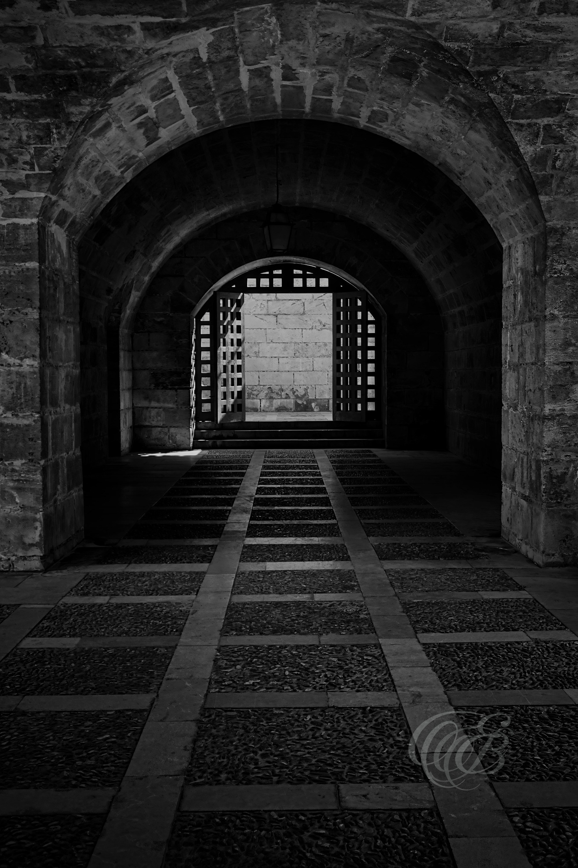 The Royal Palace of La Almudaina stands among the most important historic sites in Palma de Mallorca, reflecting centuries of cultural and architectural history on the island. Captured within the lower passageways of the palace, this black and white photograph emphasizes atmosphere, stone textures, and the interplay of light and shadow. The monochrome presentation enhances the sense of depth and permanence often associated with the oldest sections of historic structures. Eduardo Bartoli Photography.