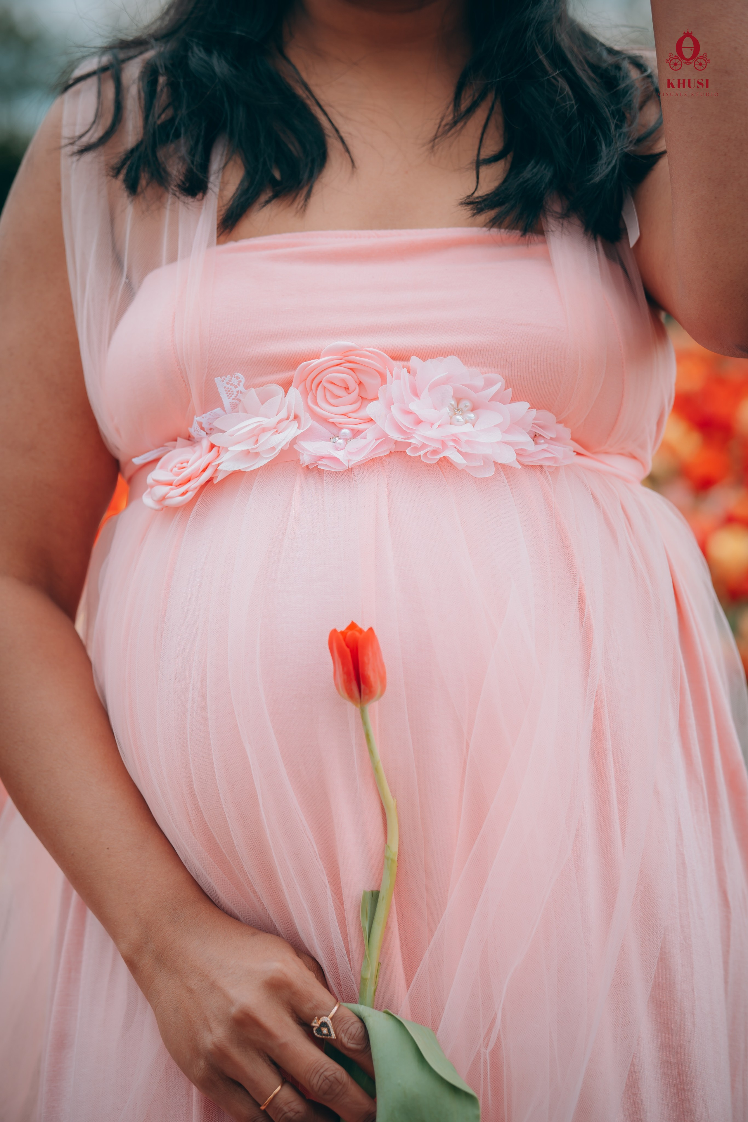 A pregnant woman holding a red tulip flower in a tulip field in Netherlands for maternity photoshoot