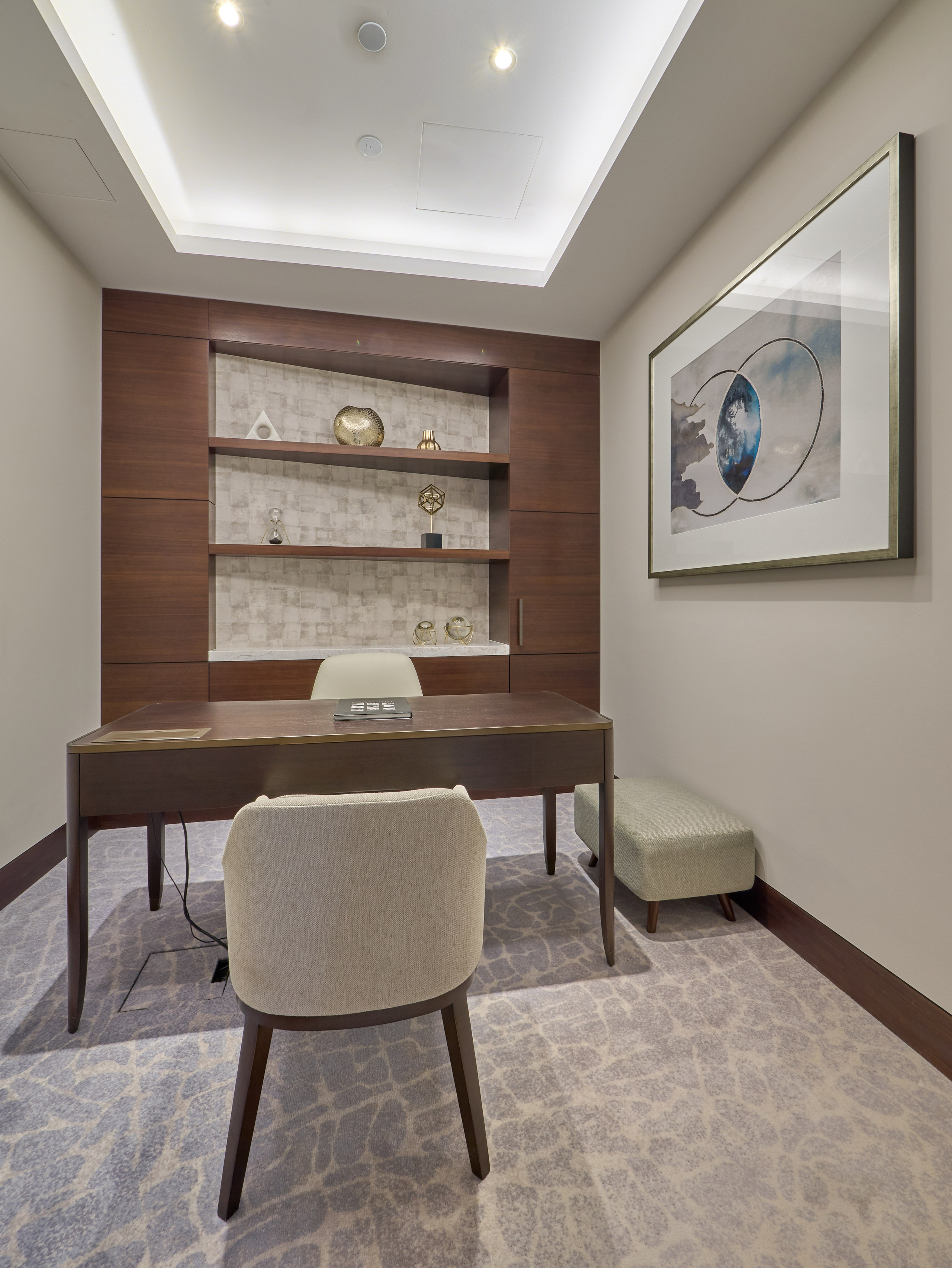 Stylish workspace setup in Address Sky View suite near Burj Khalifa. Captured for Airbnb, Booking and real estate by photographer Oleg Novikov.