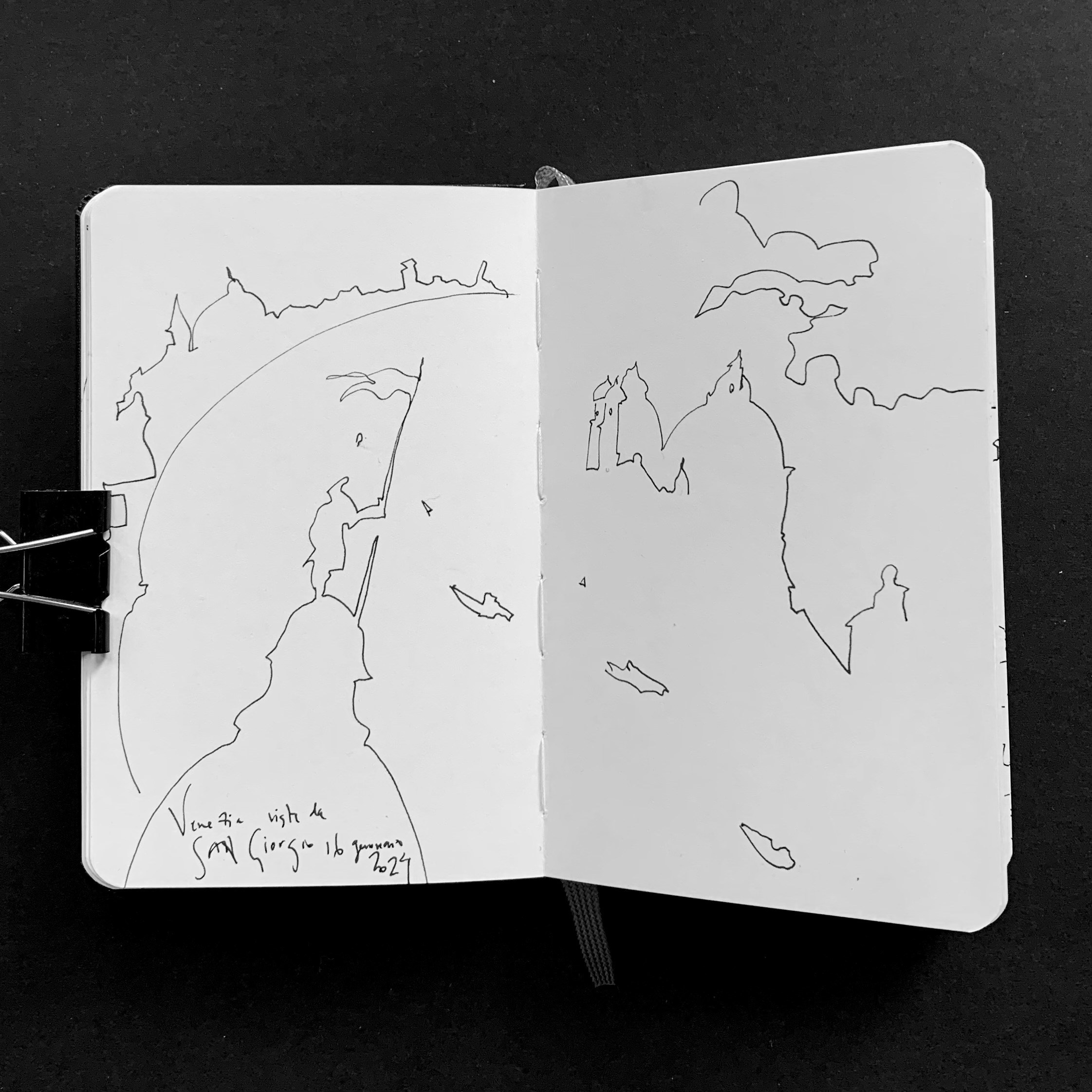 Moleskine notebook with original drawings made in Venice, works on paper by Nadia Kuprina, contemporary artist living and working in Venice. An airy and minimalistic drawing of breathtaking Venice from the bird perspective.