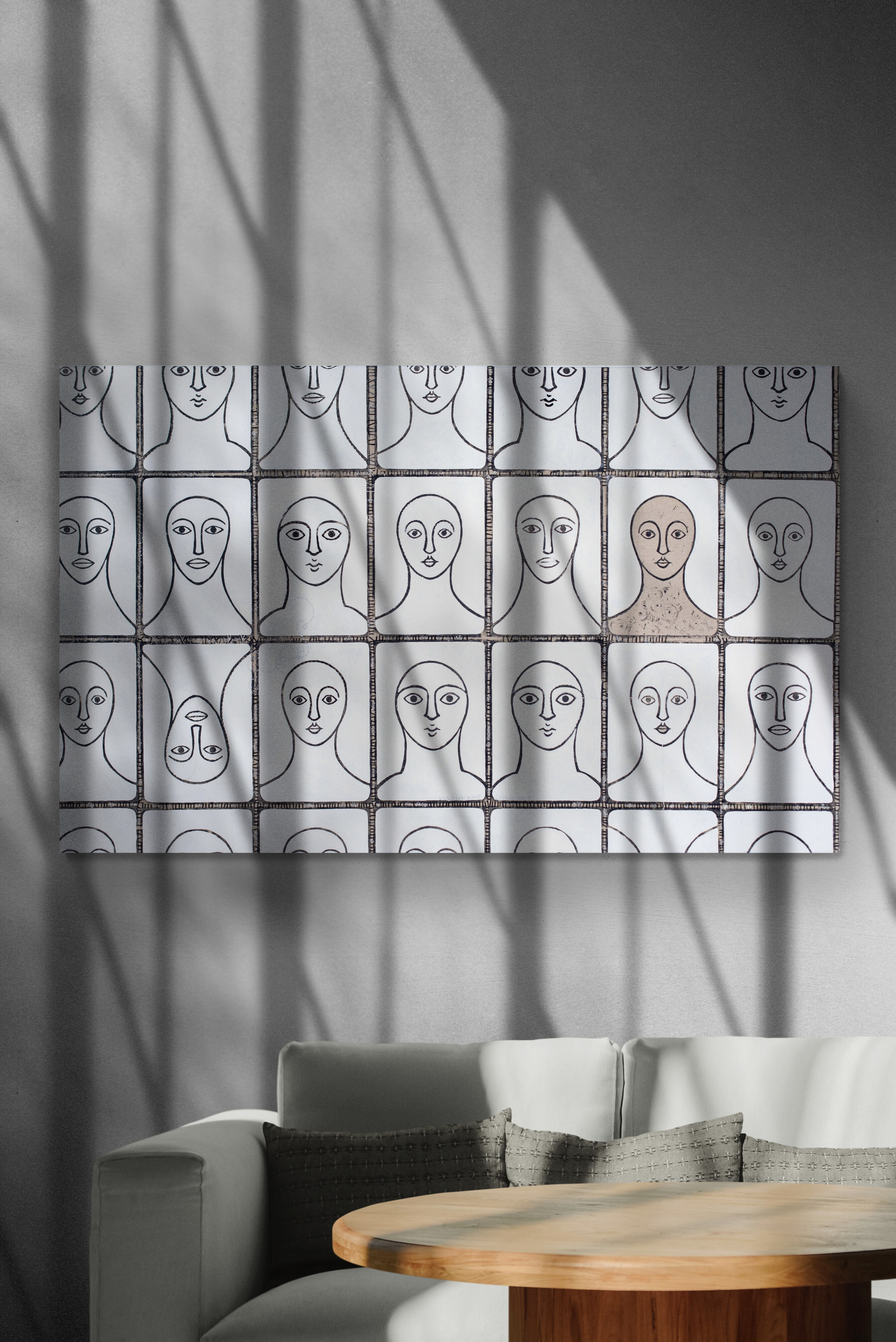 «Volti» Tecnica mista. Stampa su tela, ricamo su tela, olio su tela 90×144 cm. Nadia Kuprina. Artist