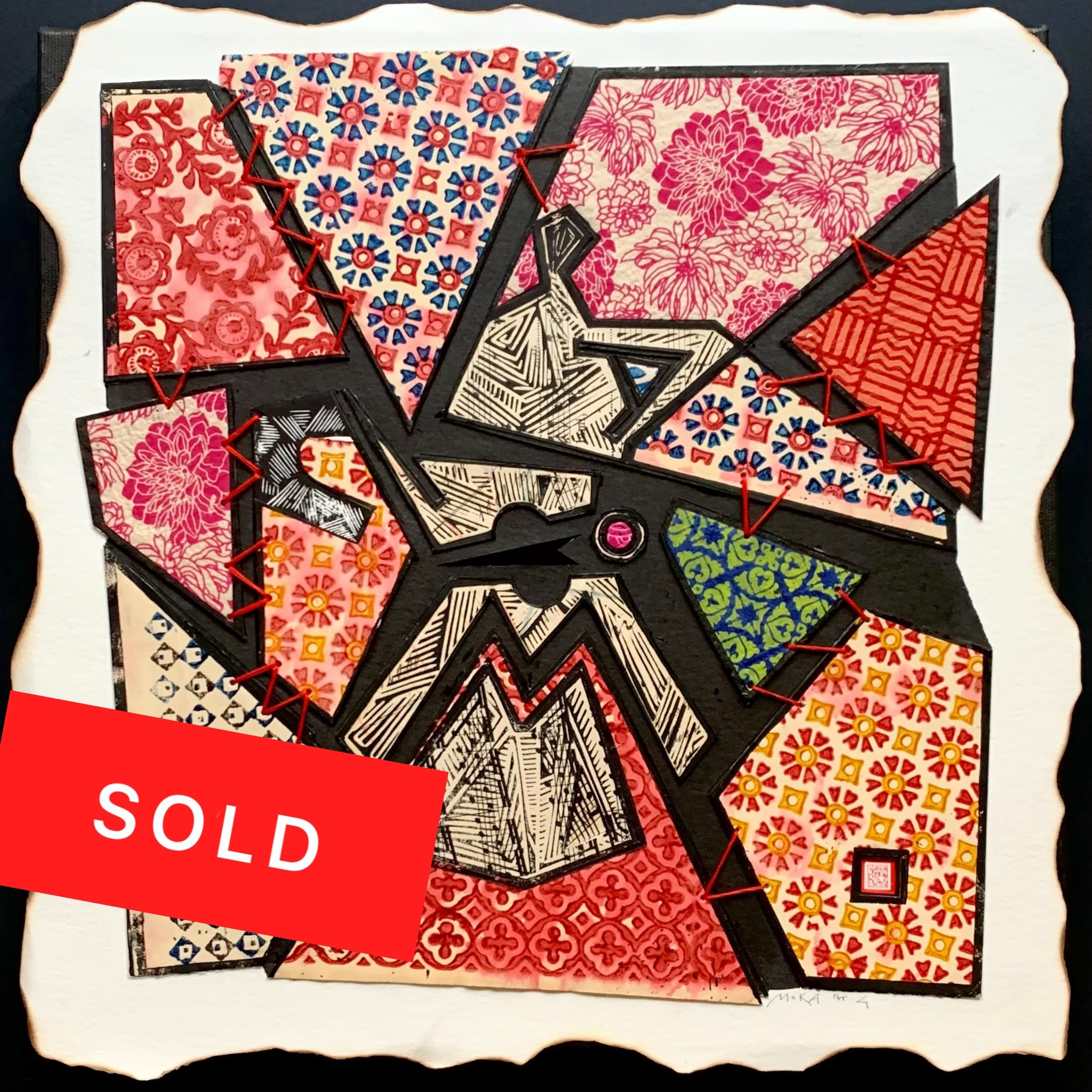 Collage, mixed media, moka, Italian coffee, design, paper, pattern, canvas, textile, sewing, music score, old paper, collection, linocut print, handmade, coffee, square, art collection, caffettiera, legend, sold