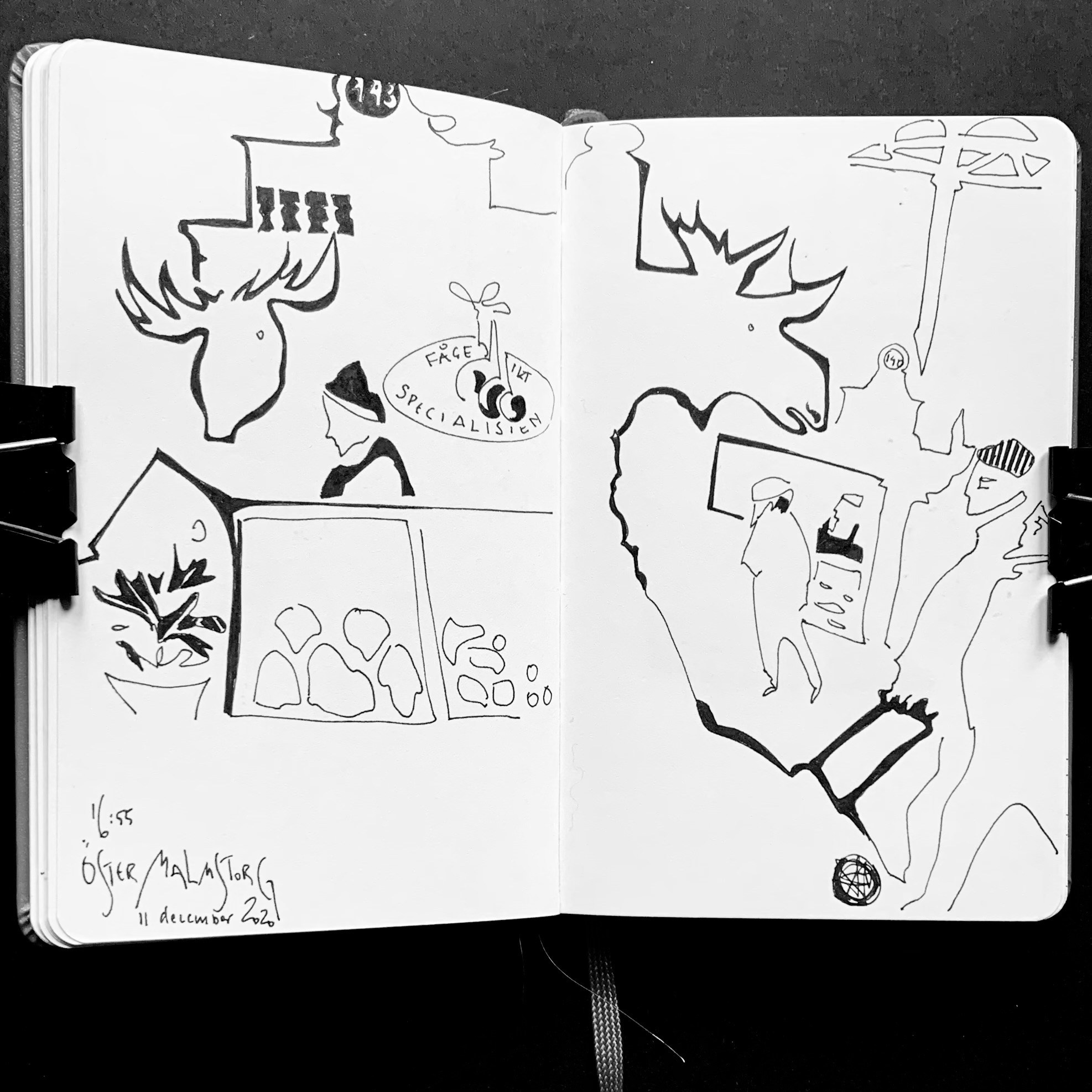 Disegni in bianco e nero su taccuino Moleskine realizzati a Stoccolma durante diversi viaggi, diario di viaggio e testimonianza dell’esperienza intima dello sketchbook di Nadia Kuprina. Östermalmshallen.