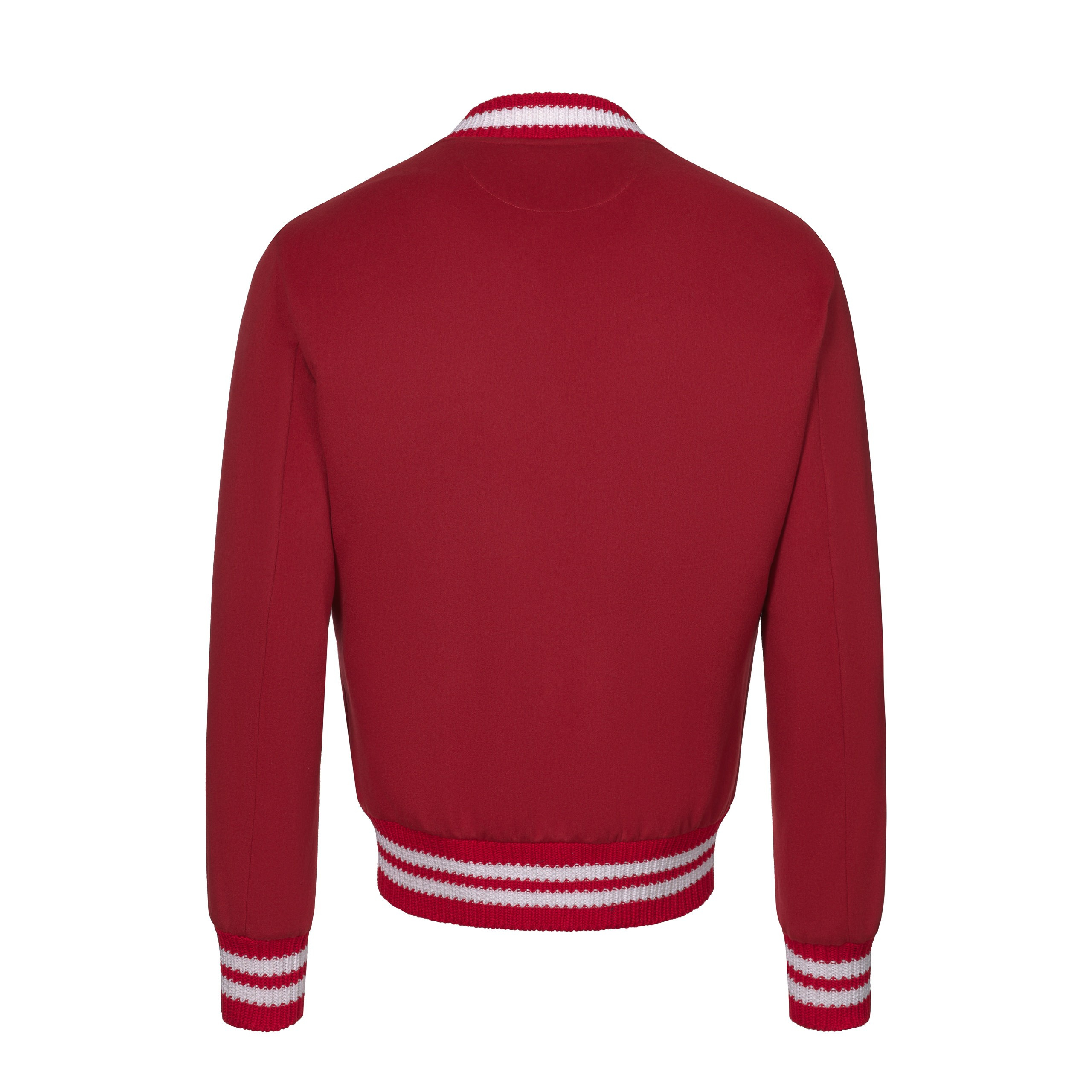 Unsichtbare Mannequin-Fotografie – Rückansicht der roten Cashmere-Bomberjacke mit gestreiftem Bund.