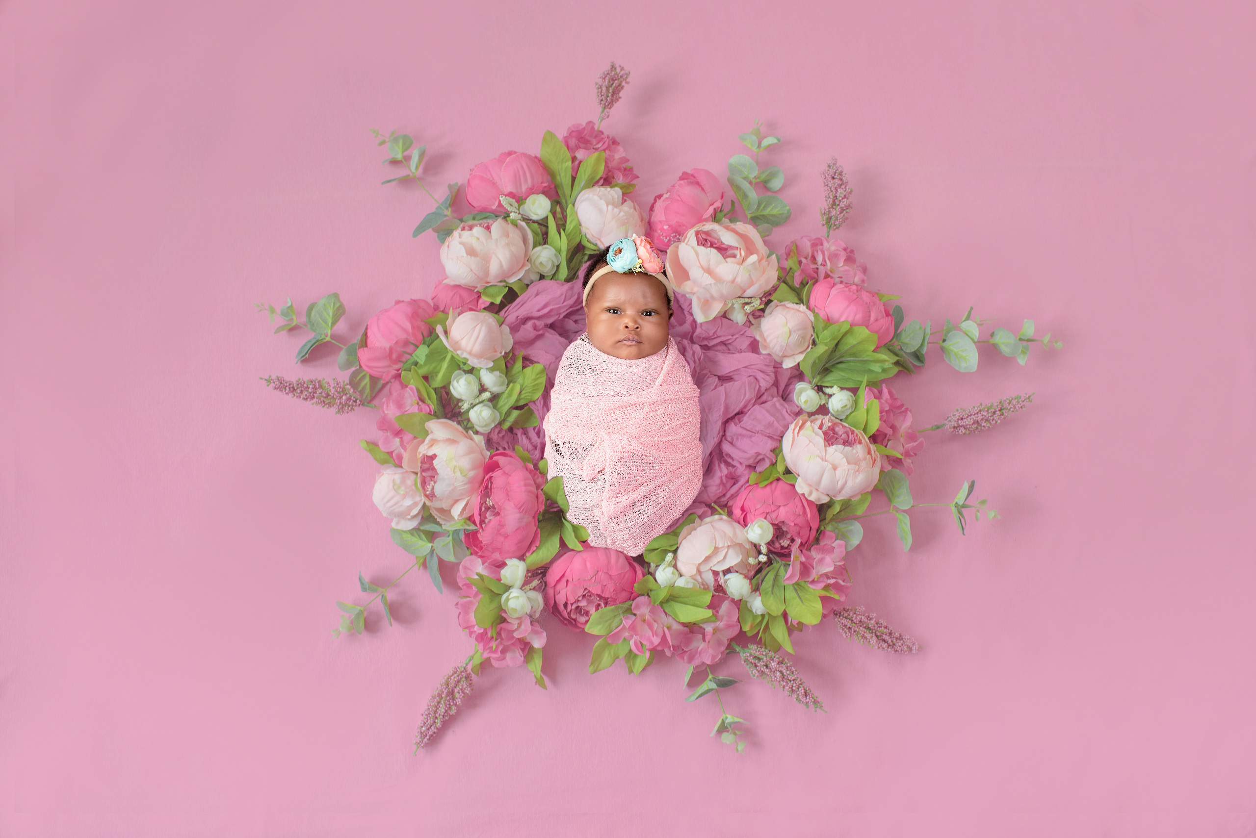 Amazing black newborn baby girl in the pink flower photo shoot Mombasa Kenya