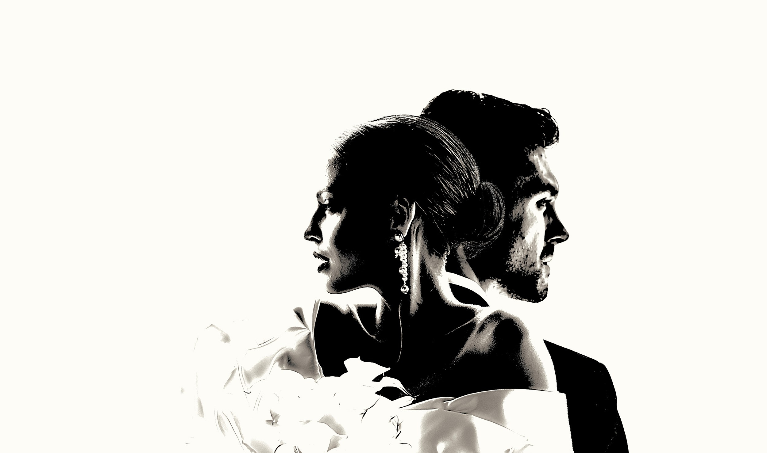 Artistic high-contrast black and white silhouette of a bride and groom. Creative wedding photographer serving Galway and Dublin.