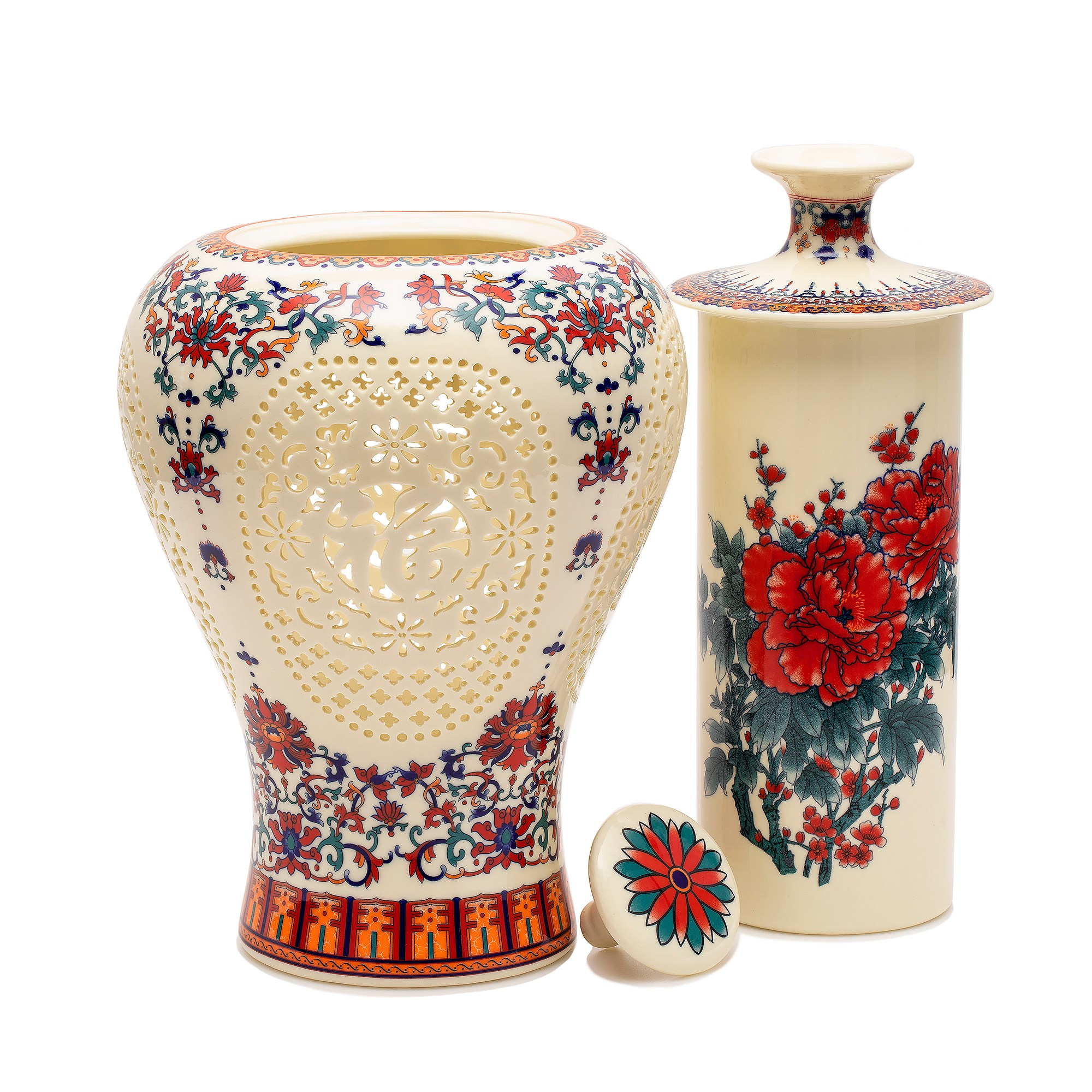 Photographer Roman Djuzev - A Chinese porcelain vase with colorful paintings in the form of flowers and holes, consists of two parts - a vessel for baijiu and a vase on a white background, close-up.