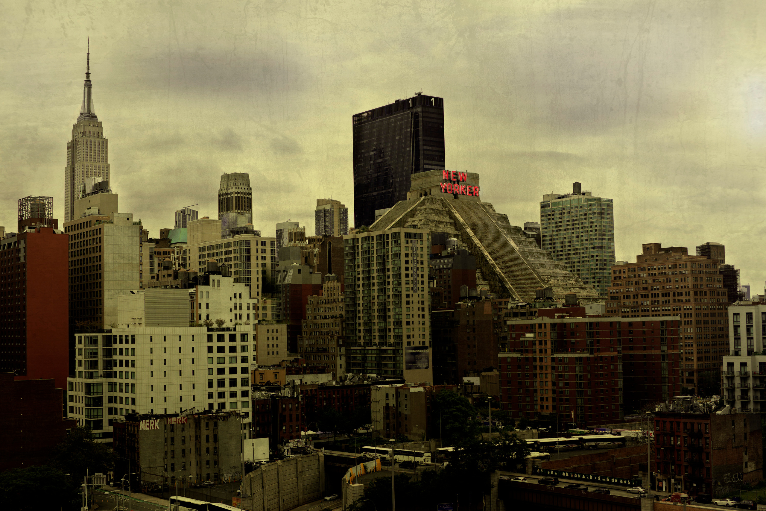 This artwork presents transformation of the New Yorker A Wyndham Hotel, which takes on the appearance of a Maya pyramid. Through this work, the viewer is invited to consider the ways in which our built environment can connect us to ancient civilizations.