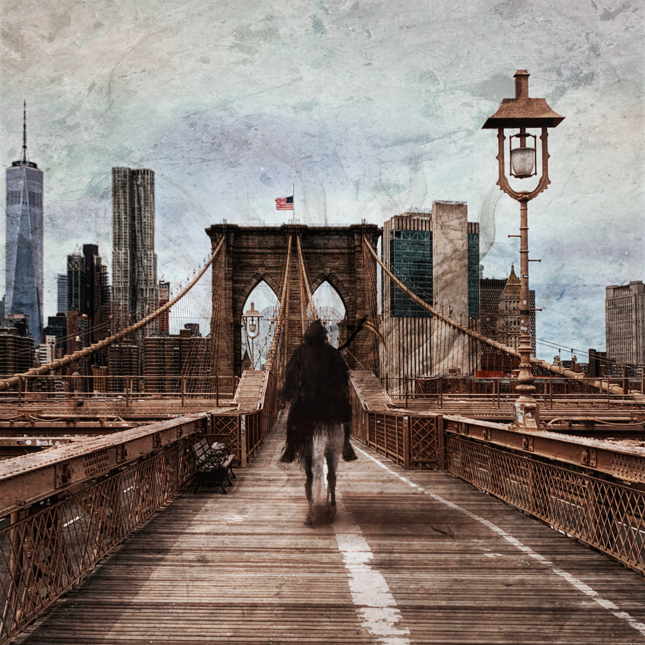 In the first days of the pandemic, when New York emptied and froze, I went to the Brooklyn Bridge and saw it completely deserted for the first time in my life. Standing in the middle of the bridge, I saw no one in either direction. It was at that moment that I imagined one of the four horsemen of the Apocalypse, Pestilence, heading towards Manhattan. I took some photos to use in this picture, which depicts the haunting scene of an empty Brooklyn Bridge with Pestilence looming in the background. The image is a powerful reminder of the fear and uncertainty that gripped the city during the early days of the pandemic, and the way in which art can capture and reflect the emotions of a moment in time.