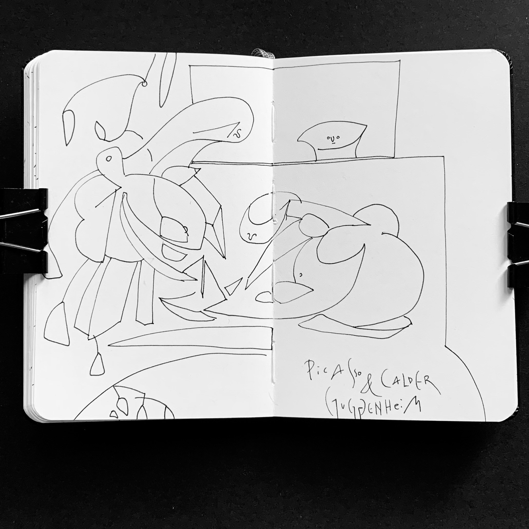 Moleskine notebook with hand-drawn sketches made in Venice, reflecting Nadia Kuprina’s daily drawing practice rooted in observation and visual research. A drawing of art pieces by Calder and Picasso.