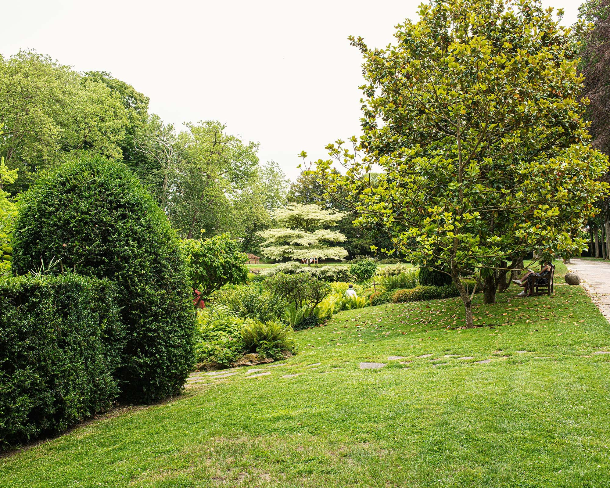 Lush landscaped garden at Château de Courances featuring manicured shrubs, flowering trees and peaceful green lawns