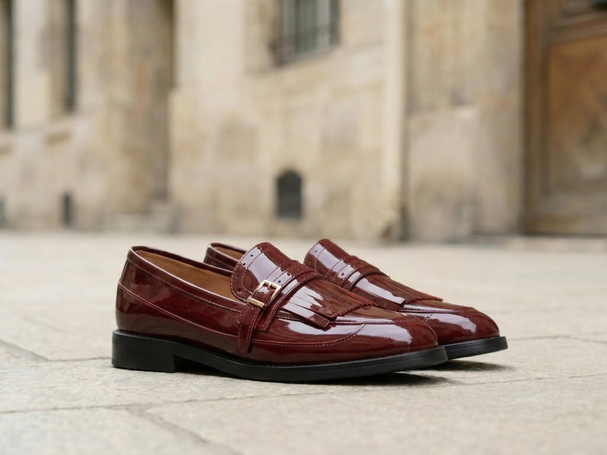 AI product visualization burgundy patent loafers lifestyle interior photography