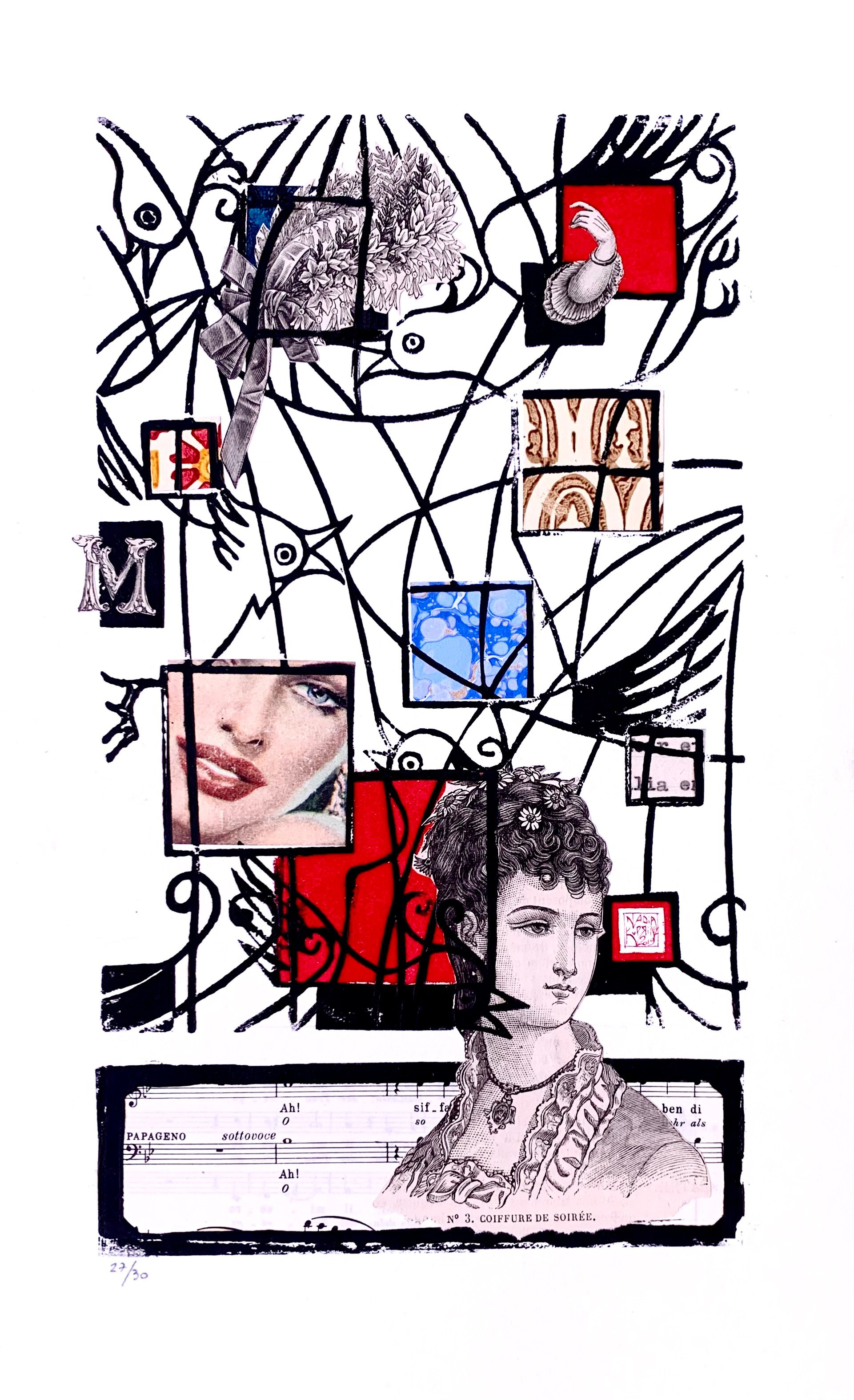 Linocut hand-print art graphic limited edition collage art work print music score antique paper papagena Mozart female she freedom cage feminism fashion social role opera love sing nadia.kuprina