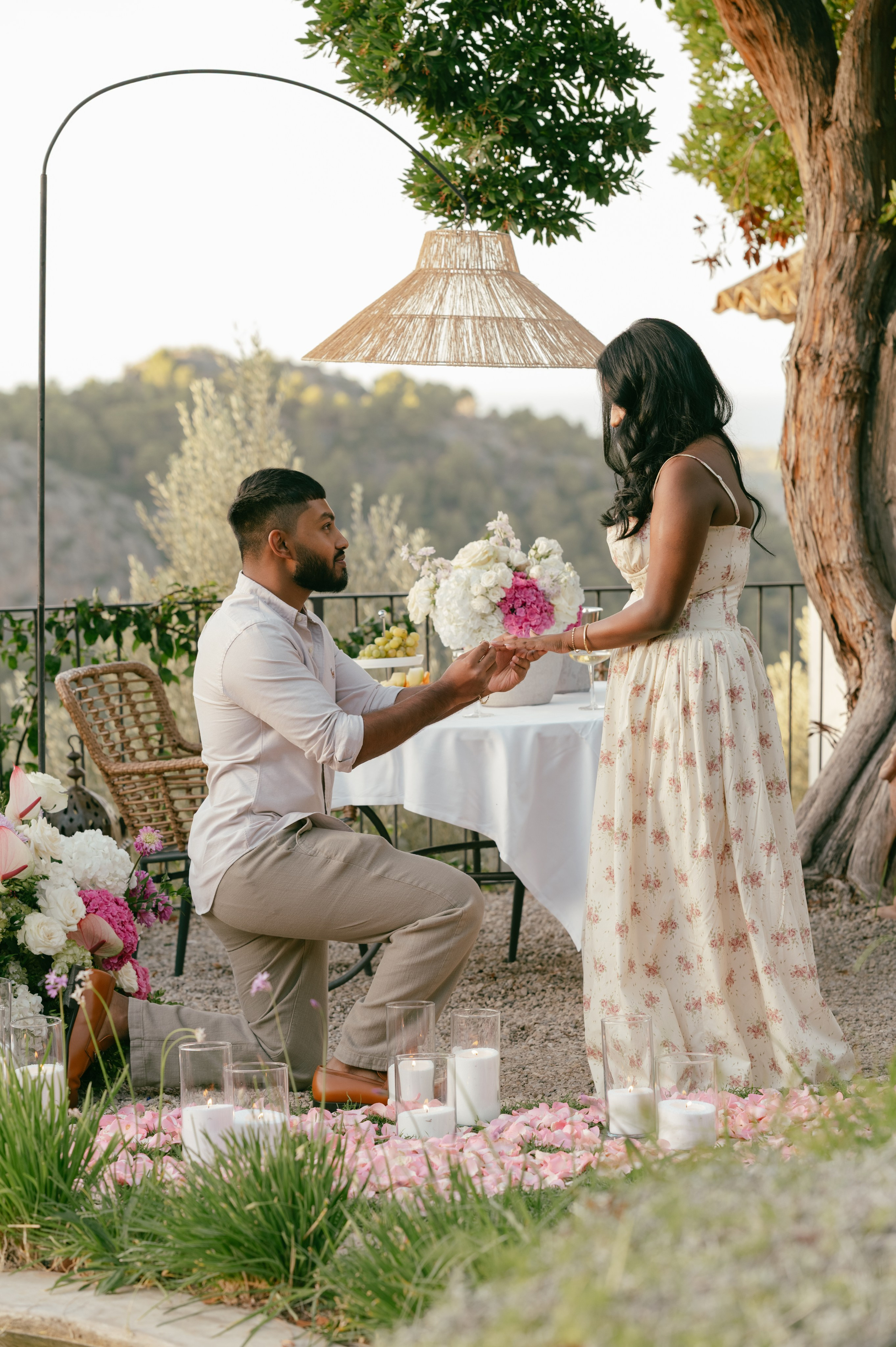 A surprise marriage proposal surrounded by flowers near Sóller, Mallorca