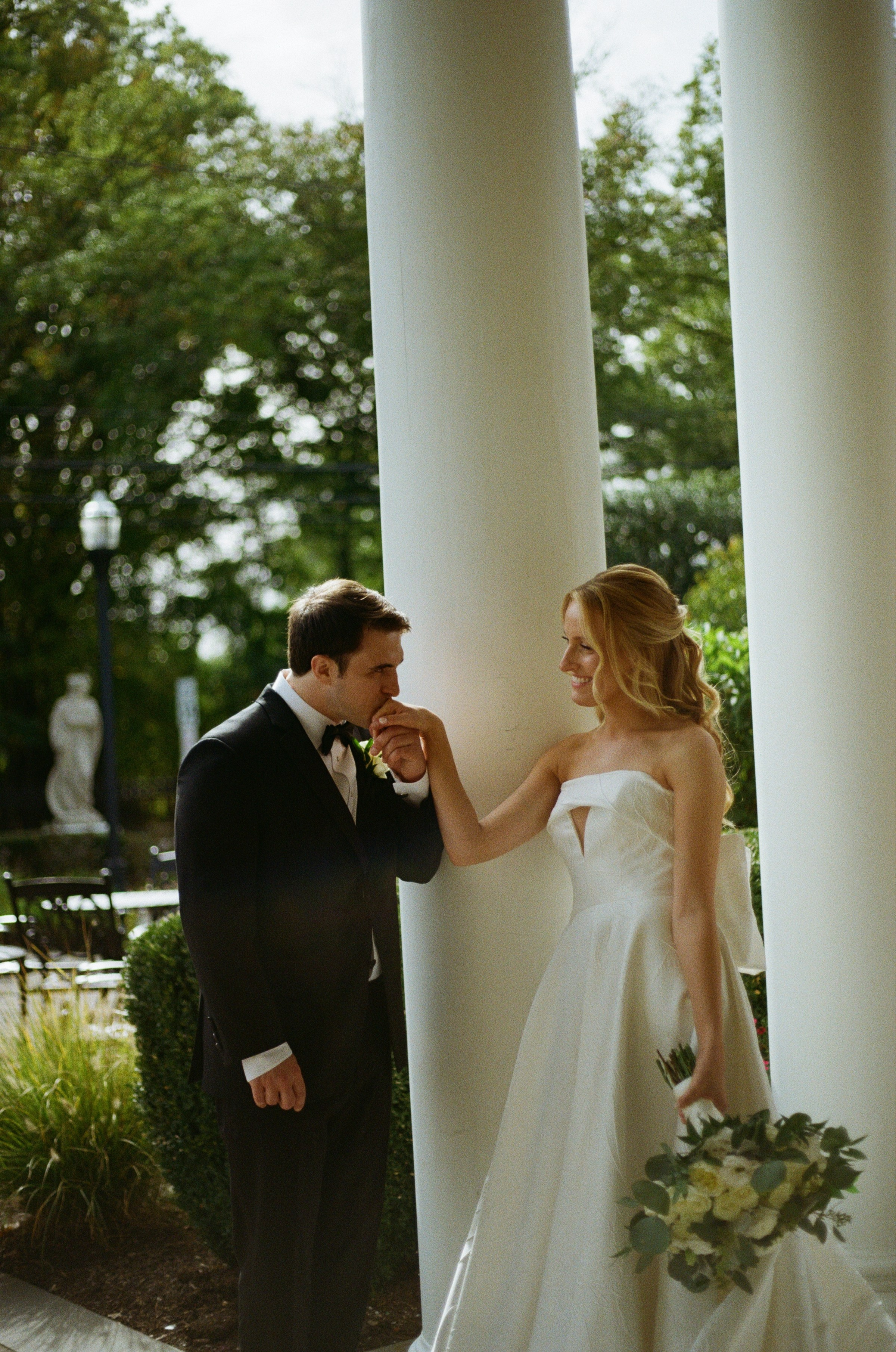 Intimate bride and groom portrait captured on film at The Rockleigh in New Jersey