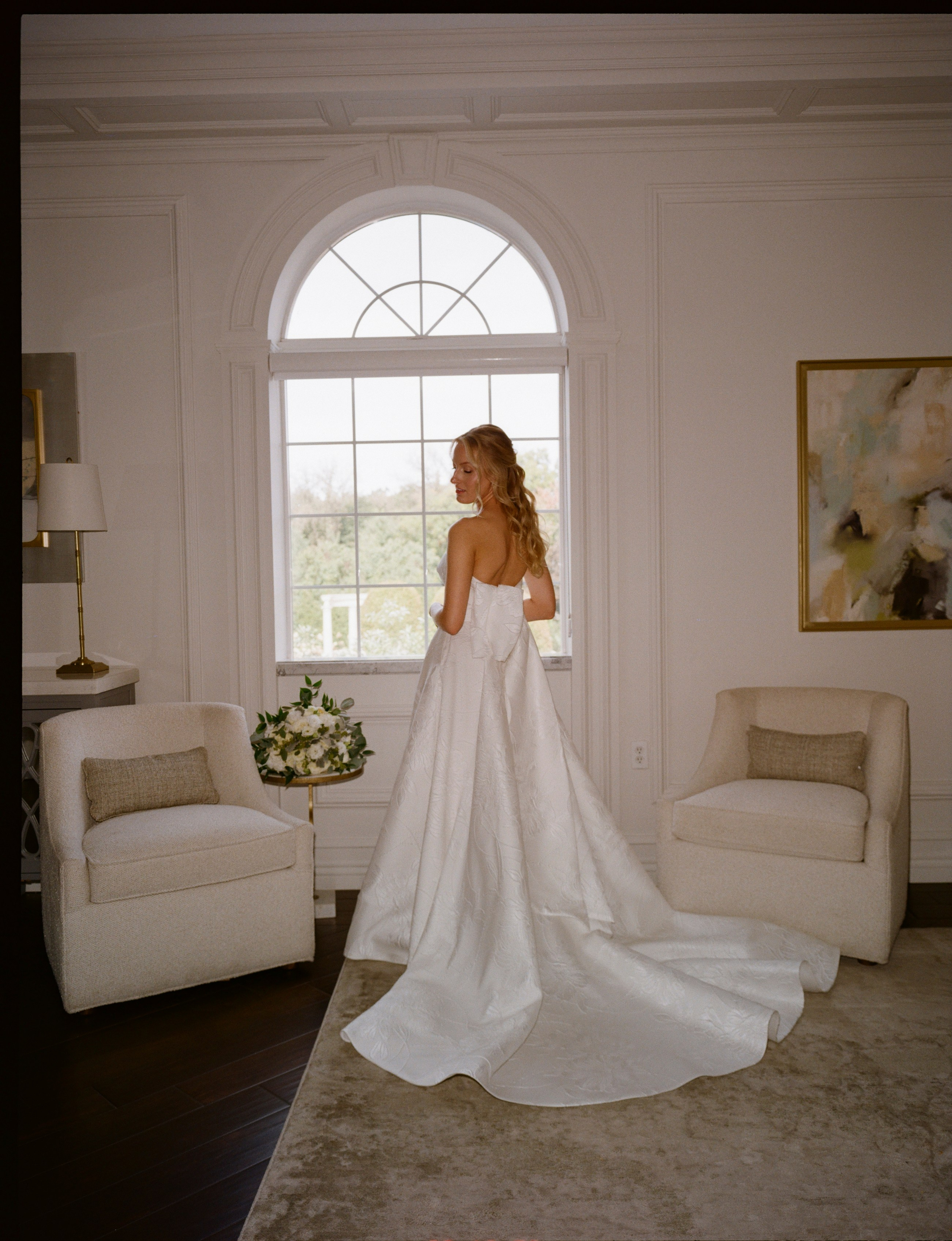 Full-length bridal portrait on film at The Rockleigh in New Jersey