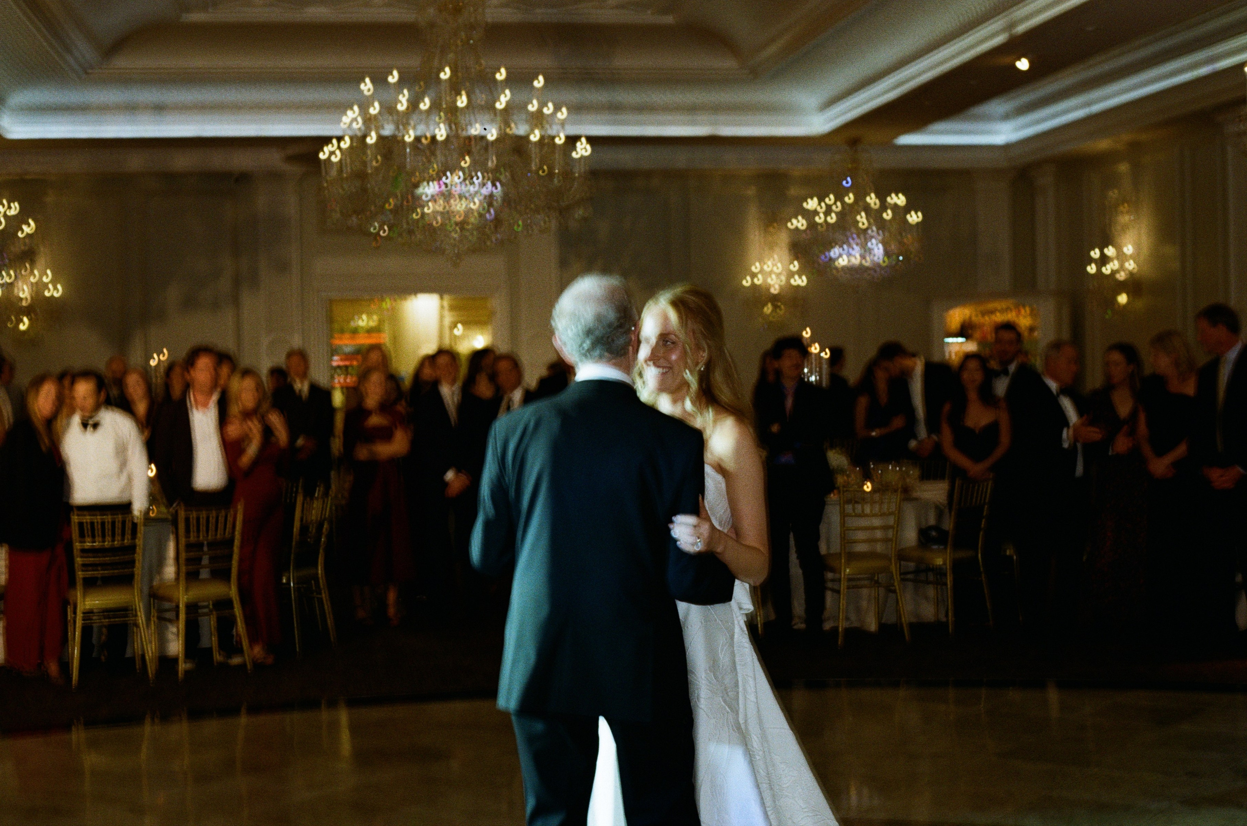 Wide view of the wedding dance floor and guests at The Rockleigh