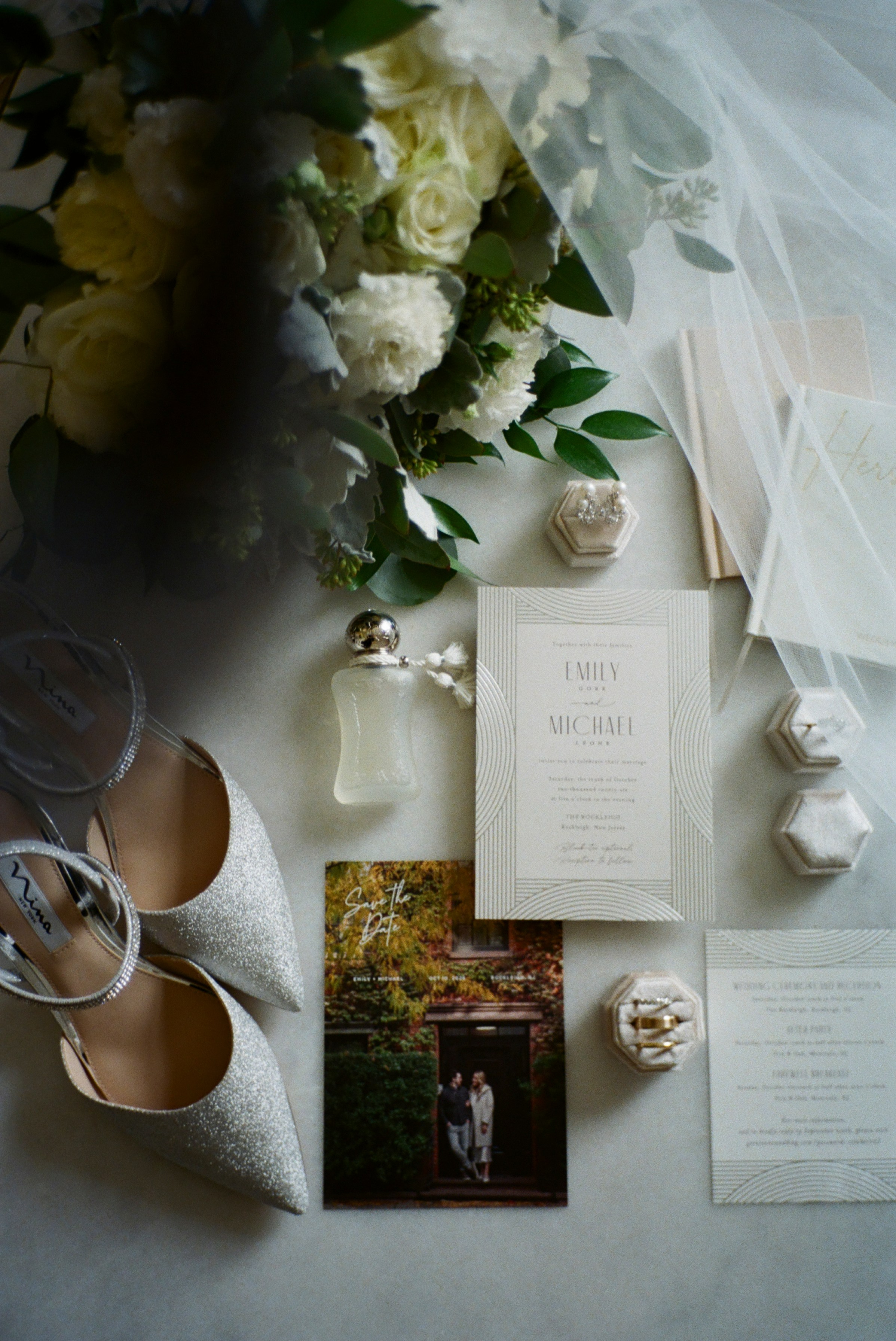 Wedding details and floral arrangements photographed on film