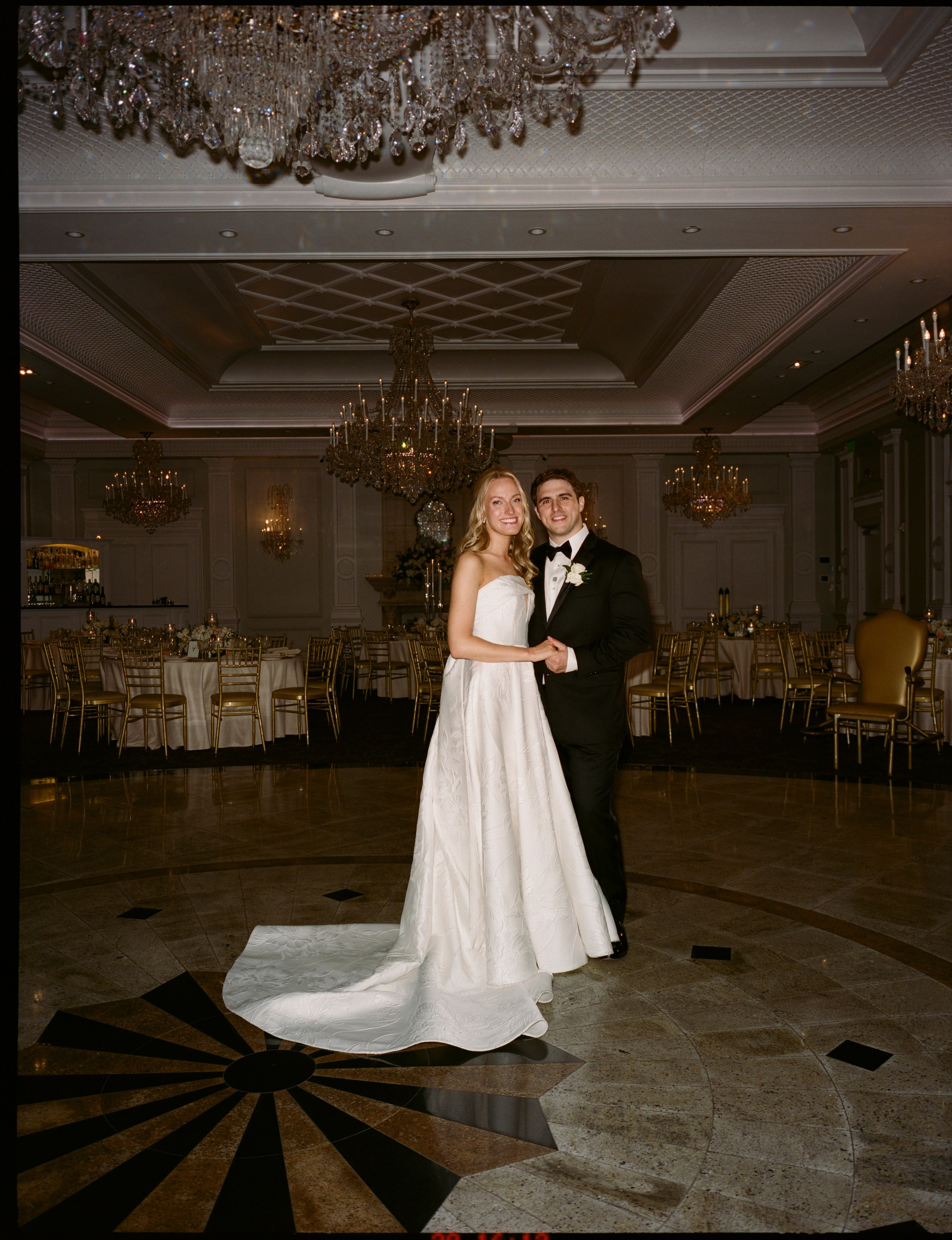 Romantic bride and groom portrait on the ballroom floor at The Rockleigh