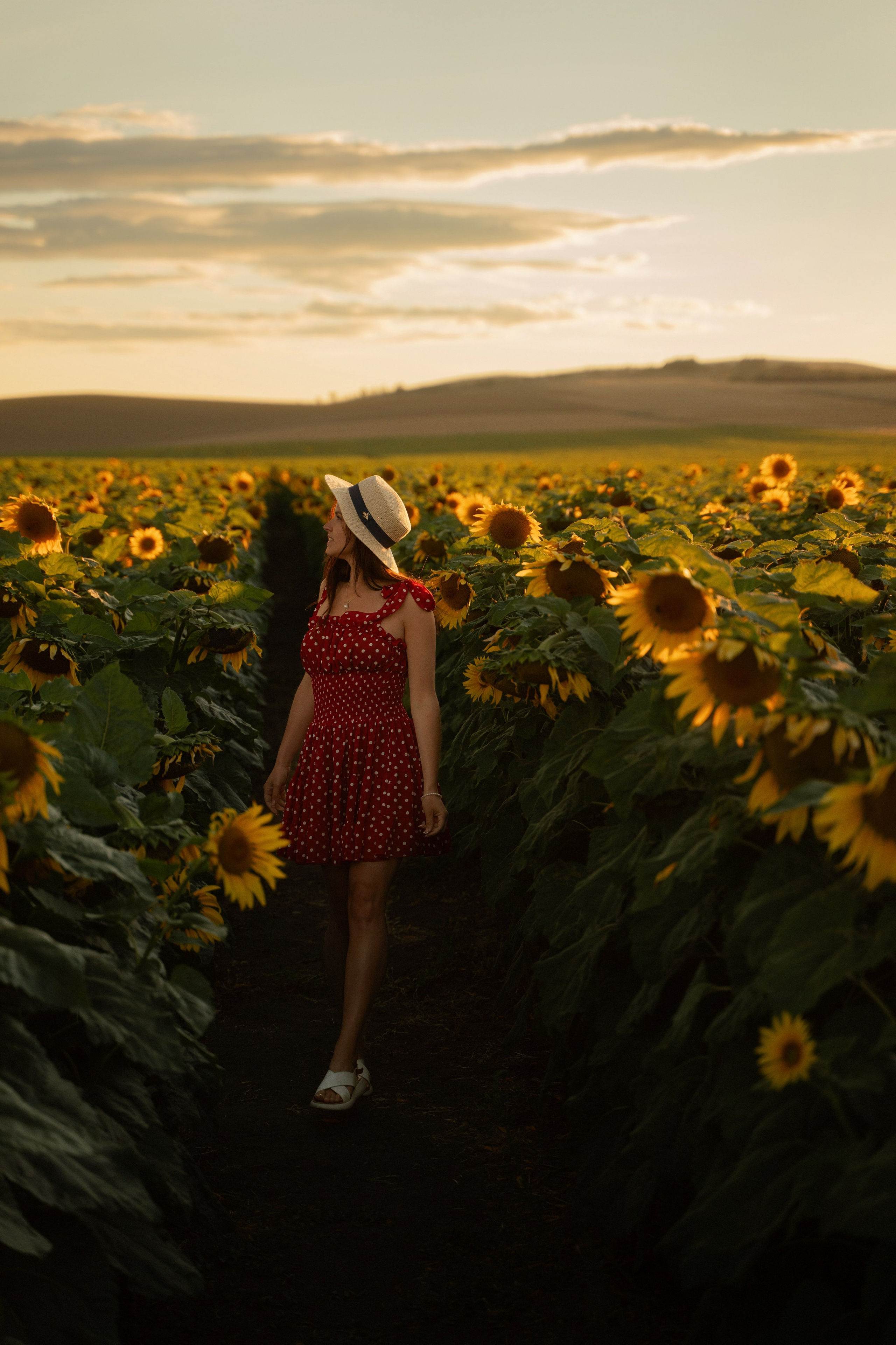 Charming sunset portrait of young woman in sunflower field, by Marbella-based photographer