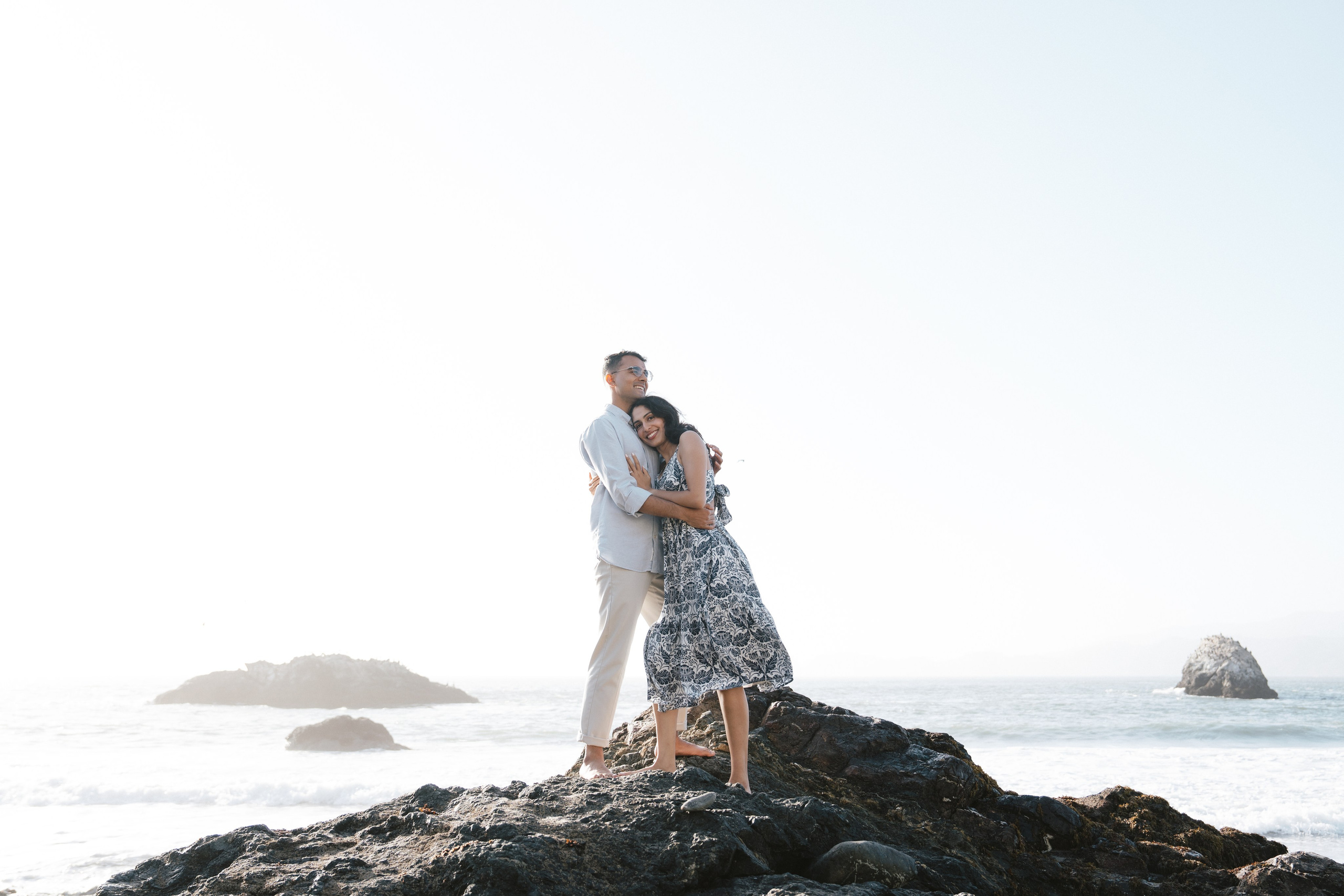 Engagement and Couple’s Photoshoot at Marshall’s Beach with iconic Golden Gate bridge view. Soulo Photography | San Francisco Bay Area Based Photographer