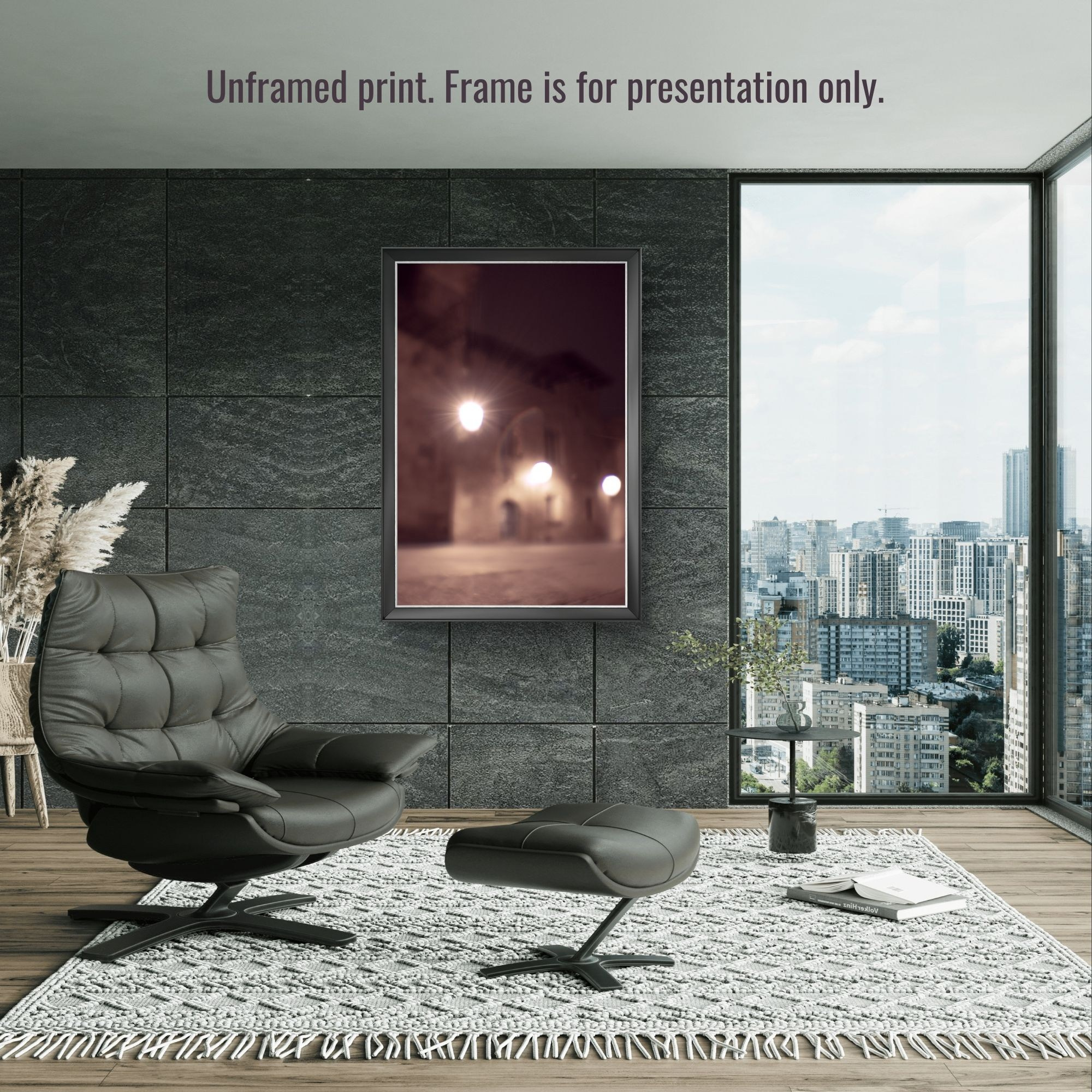 Barcelona night scene with yellow-lit walls and lamps, photography print for home decoration or art gift.