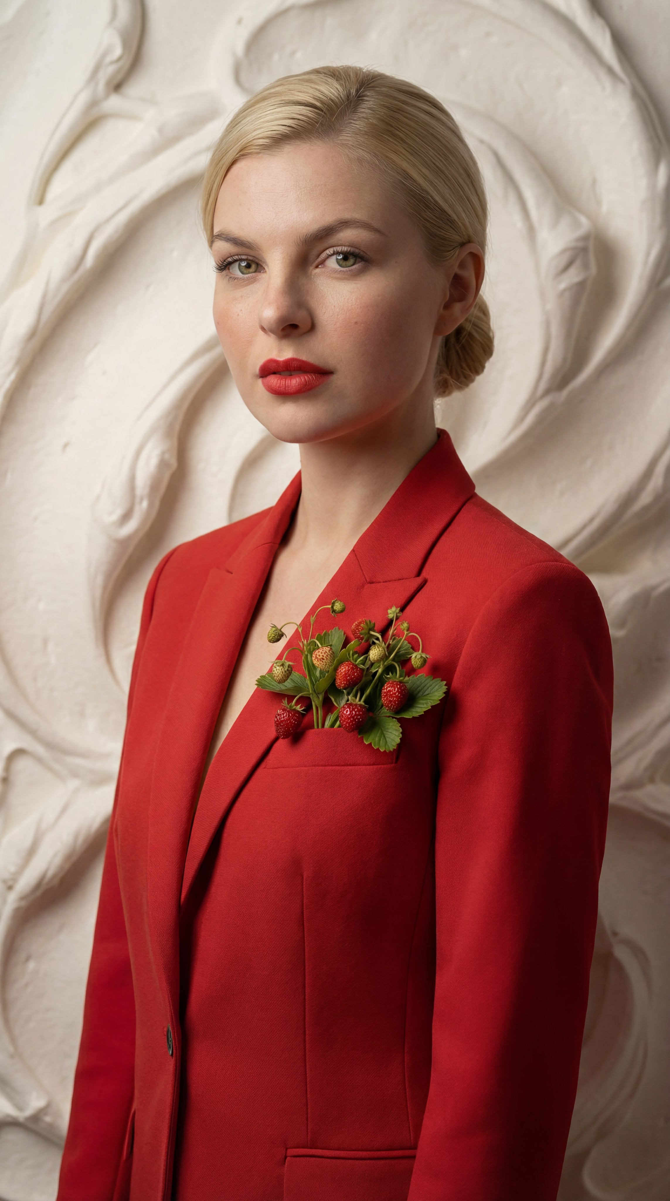 Blonde woman in red blazer with fresh strawberries in pocket, studio fashion portrait against textured white wall, minimalist fashion photography, soft directional light, high detail editorial style