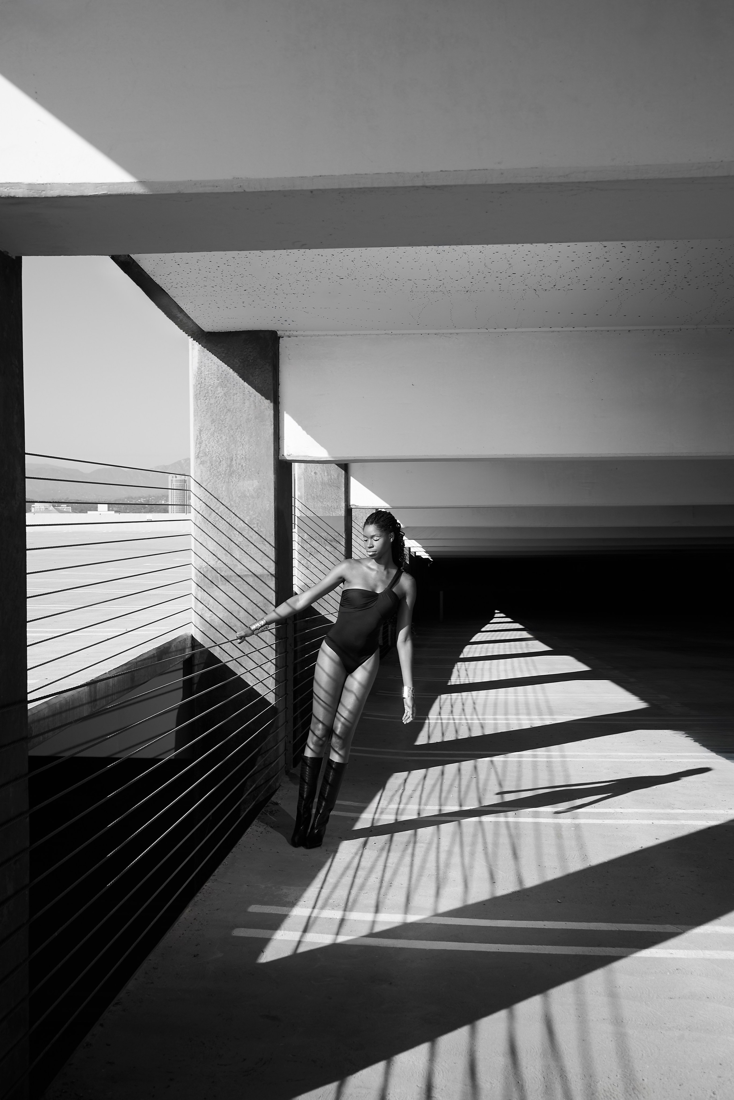 Fashion photo with dramatic shadows and architecture in downtown LA