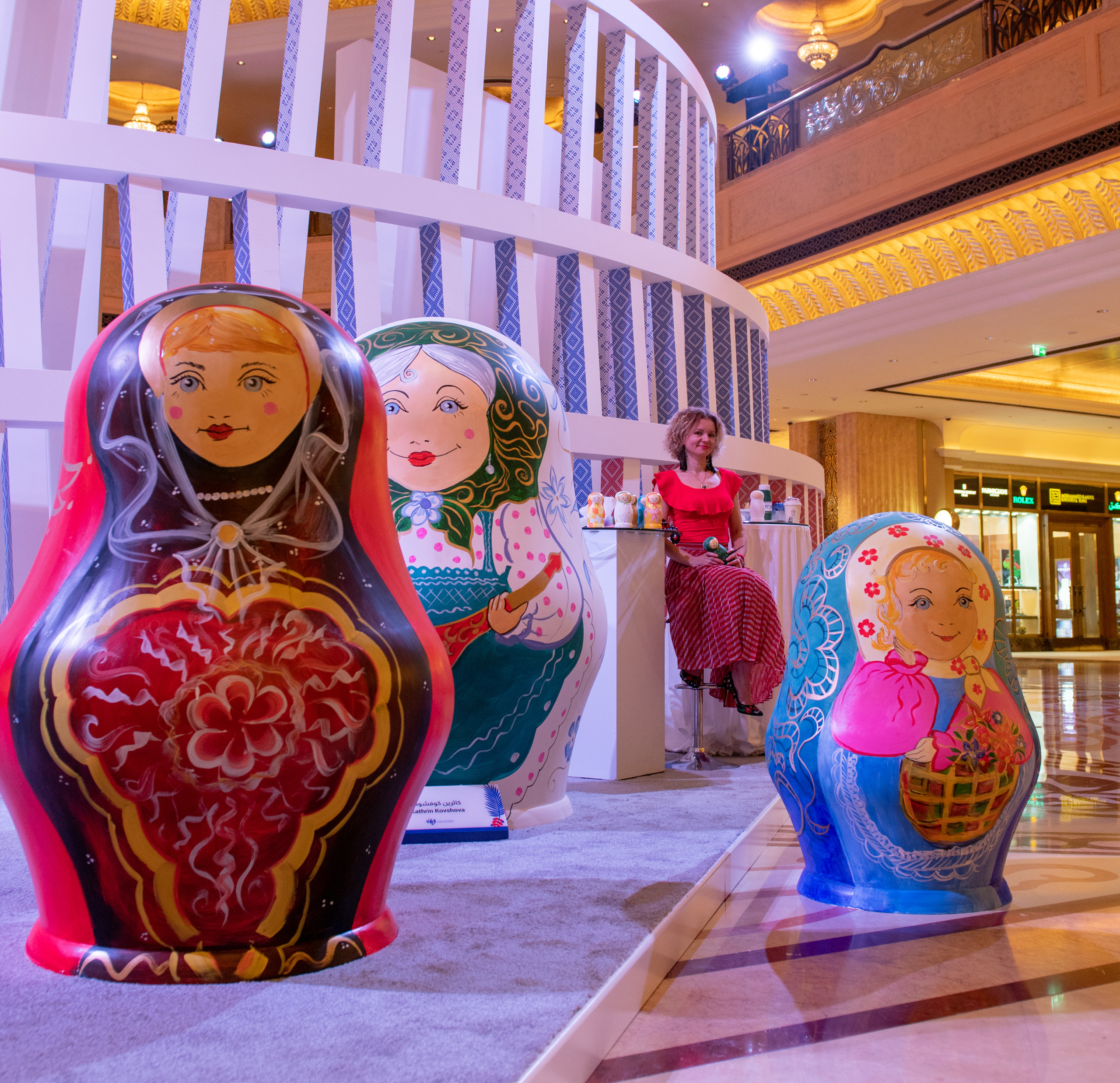 Matreshkas spesial  for UAE-Russia Week at Emirates Palace. ABU DHABI. 2019. Artistic design: Kathrin Kovshova. Artist  team:  Kathrin  Kovshova, Katya Kudrya.