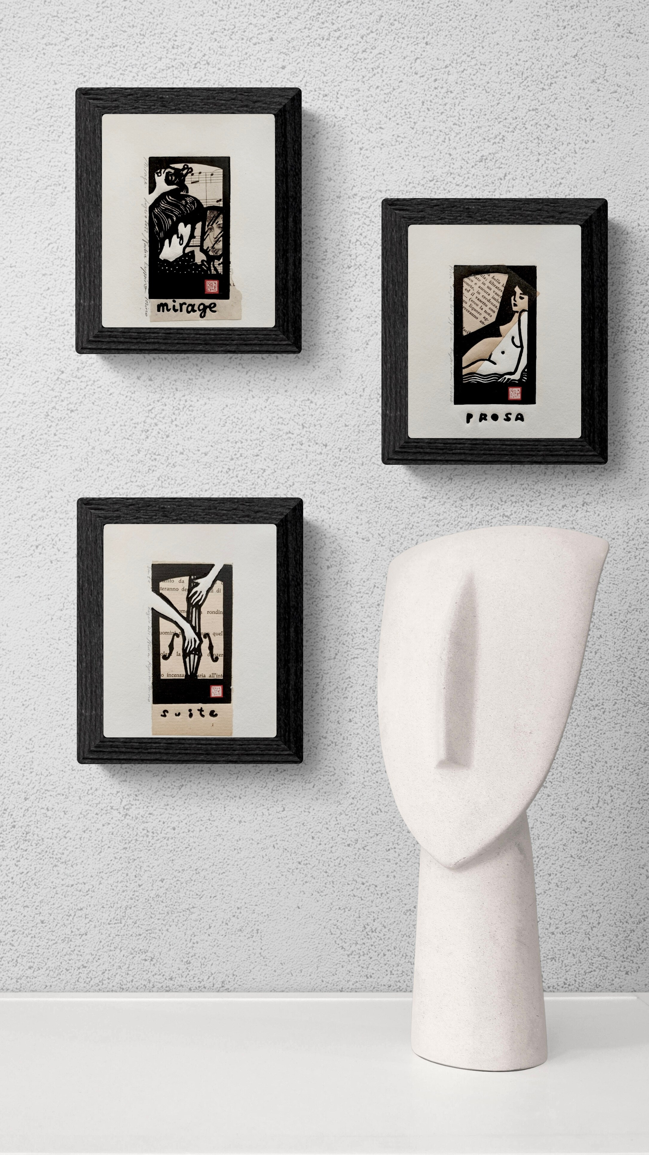 Small print, linocut, linogravure, linograbado, hand print, lovestory, family story, collage, collage art, collage print, music, cello, suite, musician, hands, Bach, book, poetry, prose, literature, nude, woman, album, seduction, attraction, destiny, knowledge, sapiens