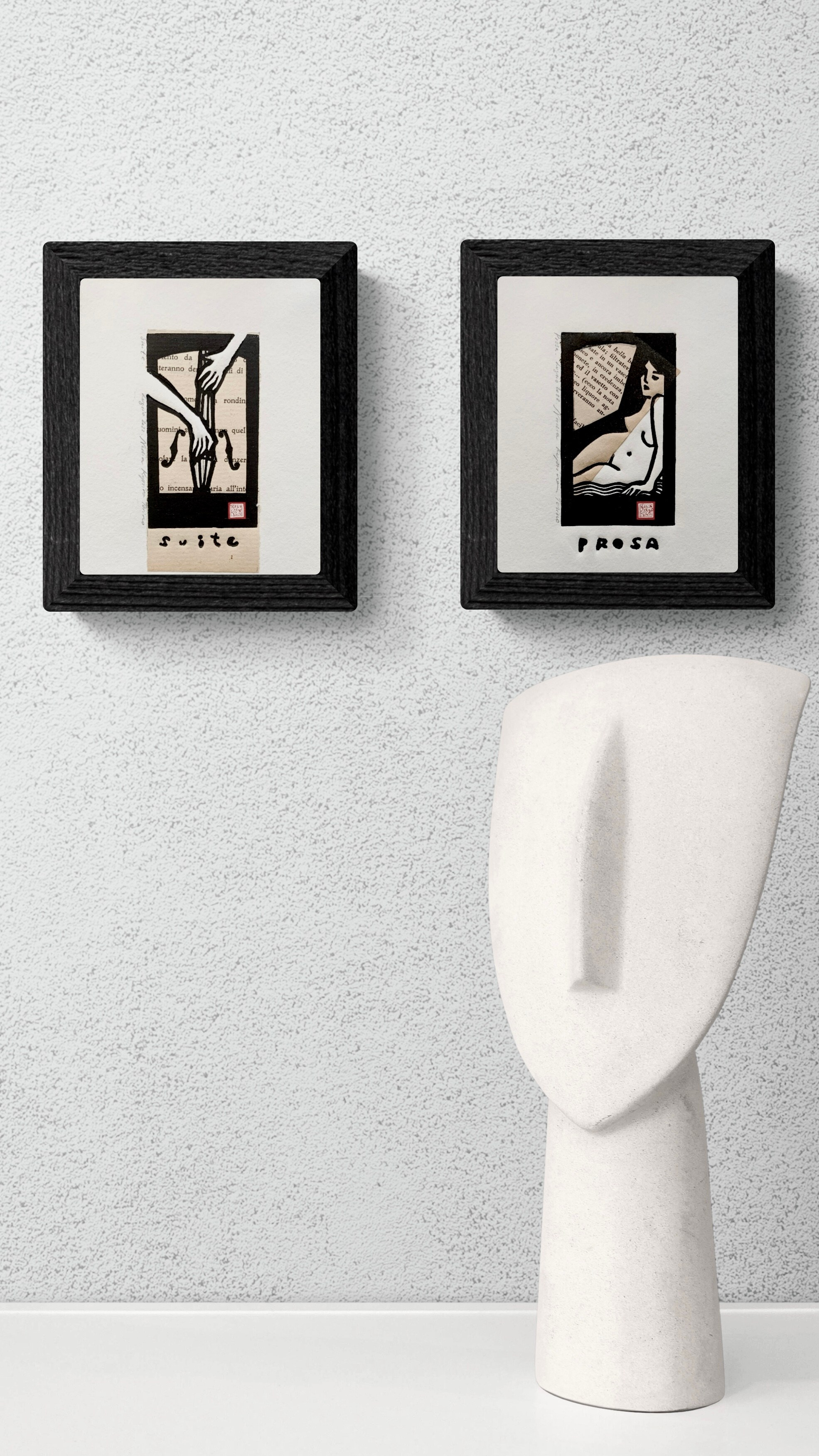 Small print, linocut, linogravure, linograbado, hand print, lovestory, family story, collage, collage art, collage print, music, cello, suite, musician, hands, Bach, book, poetry, prose, literature, nude, woman, album, seduction, attraction, destiny