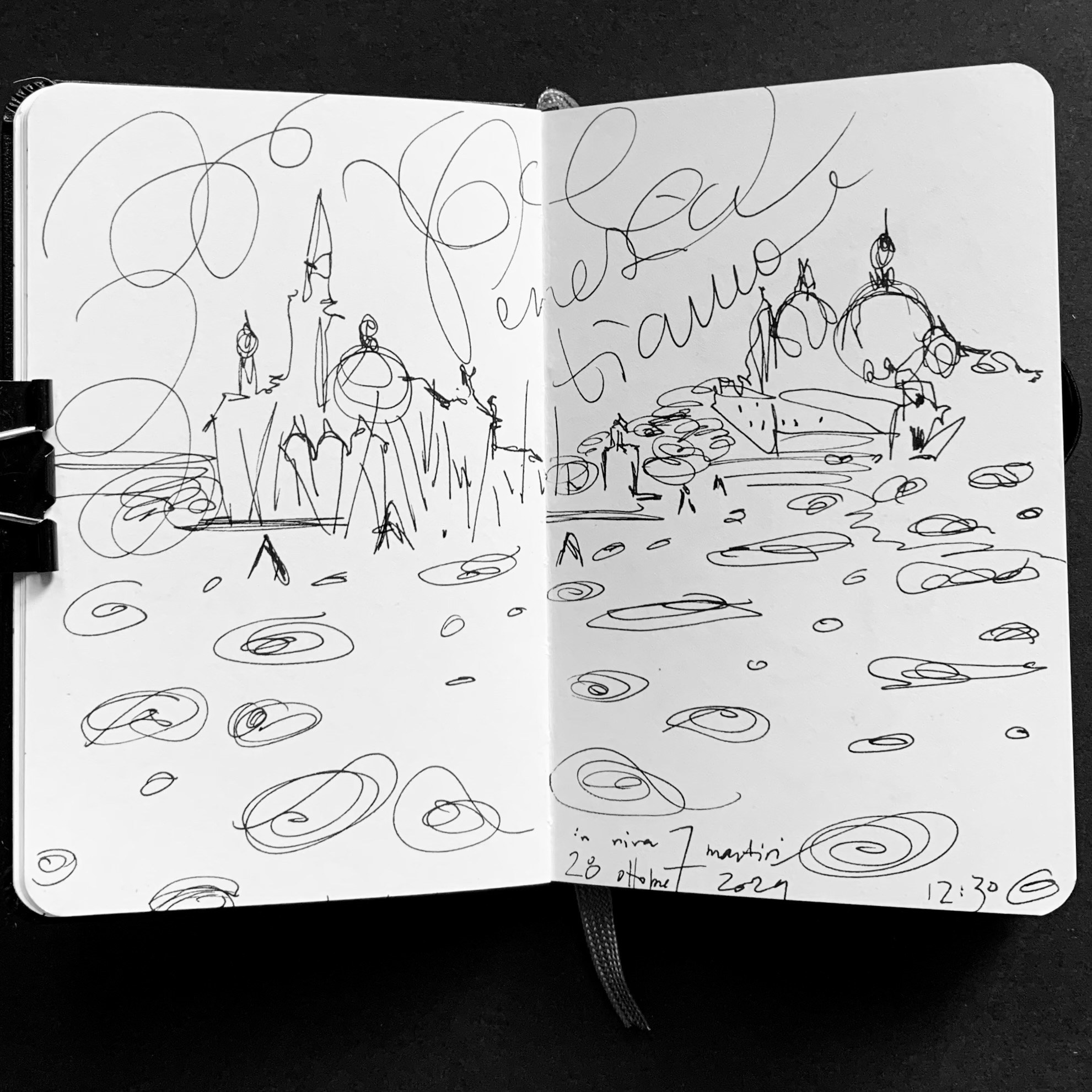 Moleskine notebook with original hand-drawn works on paper created in Venice, part of Nadia Kuprina’s contemporary drawing practice. A spontaneous modo drawing of Wind in Venice.