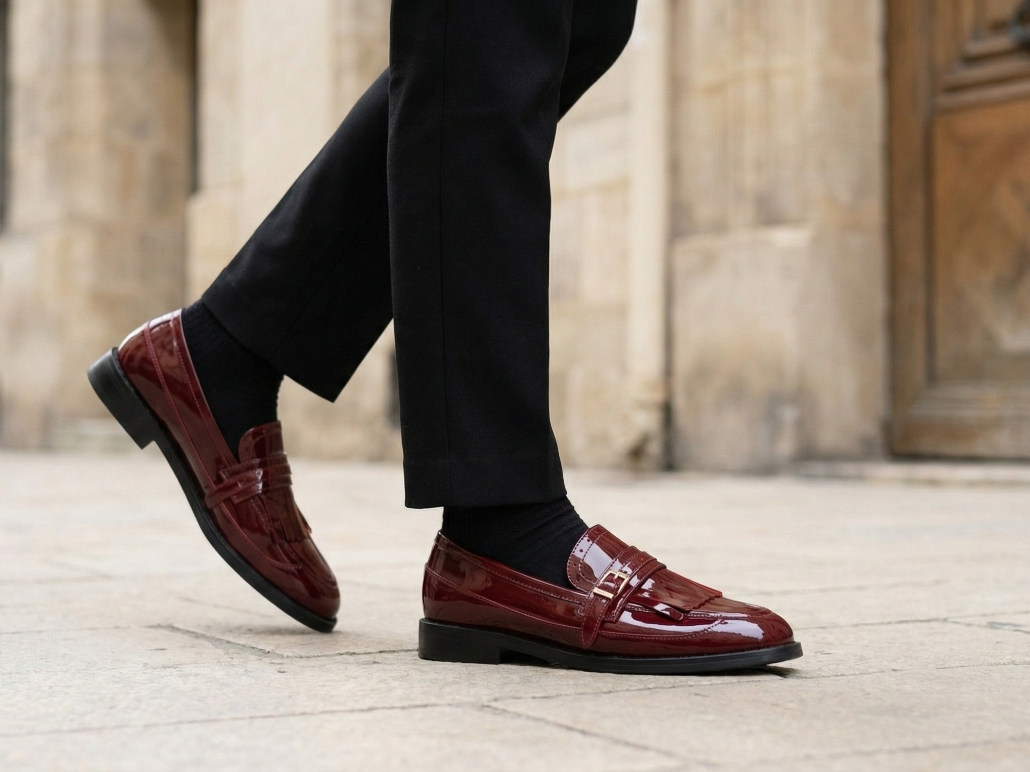AI lifestyle image burgundy patent loafers street fashion urban photography