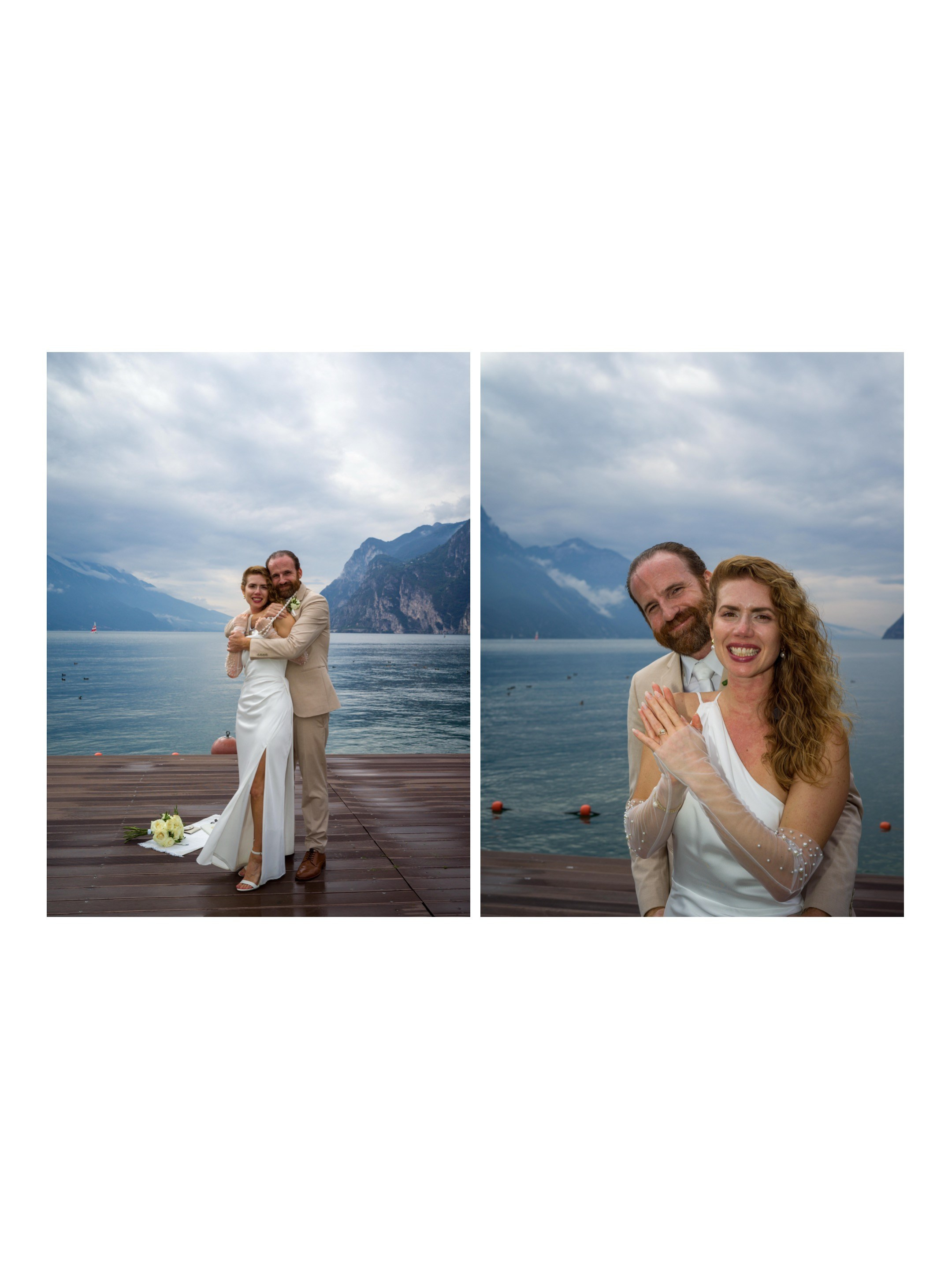 Bride and groom walking through Limone sul Garda streets
