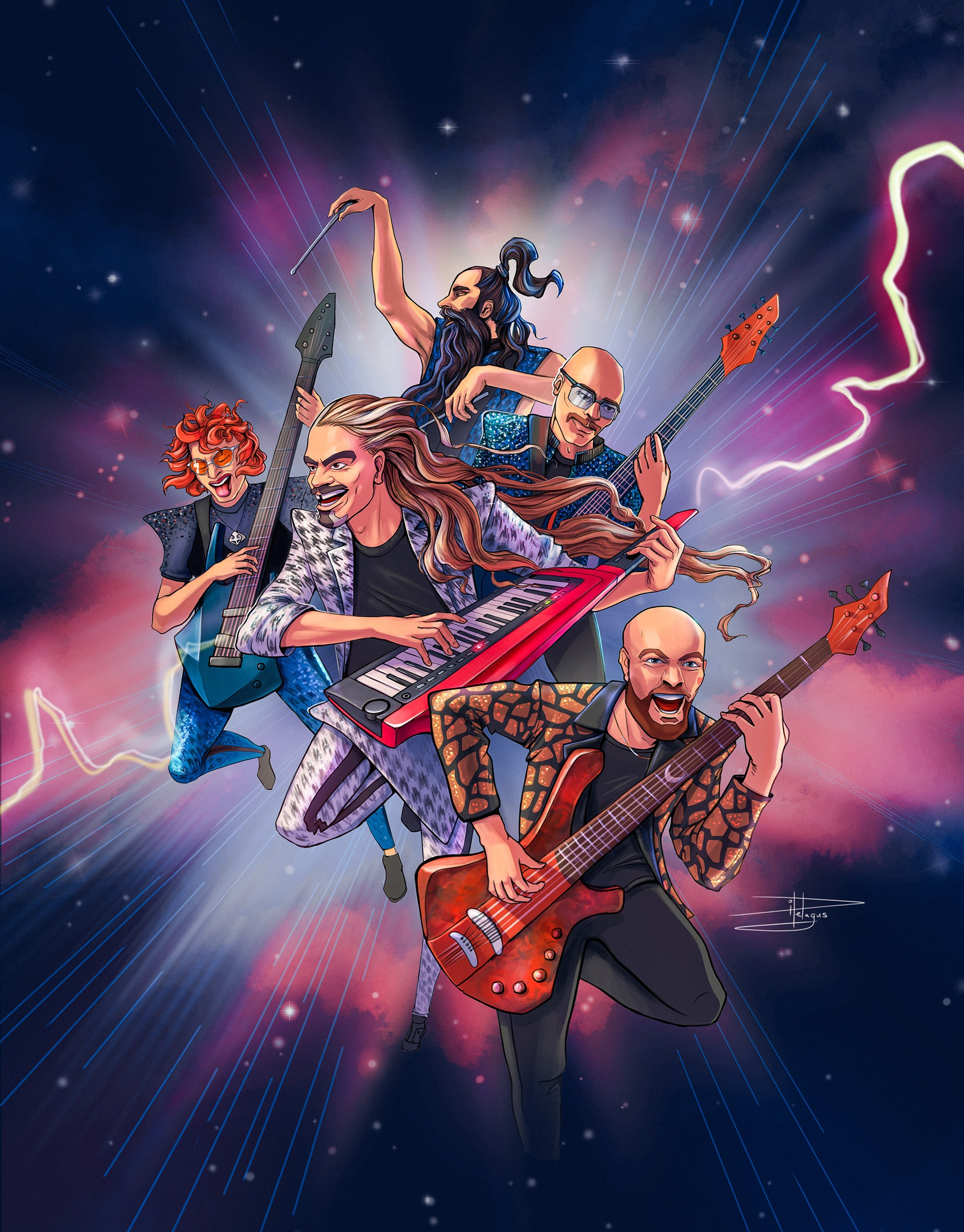 Illustration of the Australian band Voyager, featuring all five members playing their instruments in an energetic cosmic scene. The artwork is inspired by their performance at Eurovision 2023