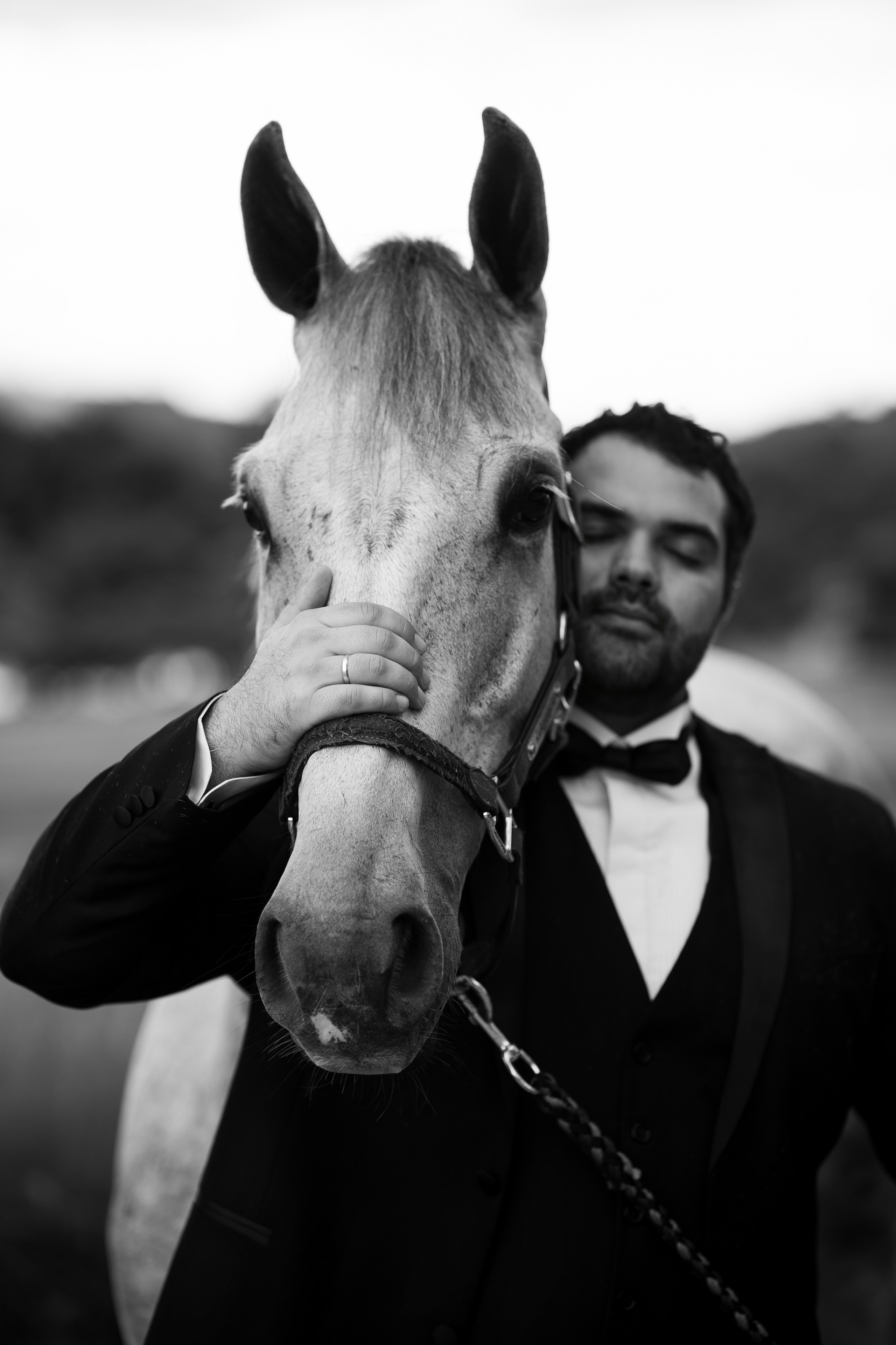 nsaio de noivos com cavalo em campo aberto, com estética fine art e fotografia documental. Referência para casais que procuram ideias para pré-wedding diferente, elegante e conectado à natureza.