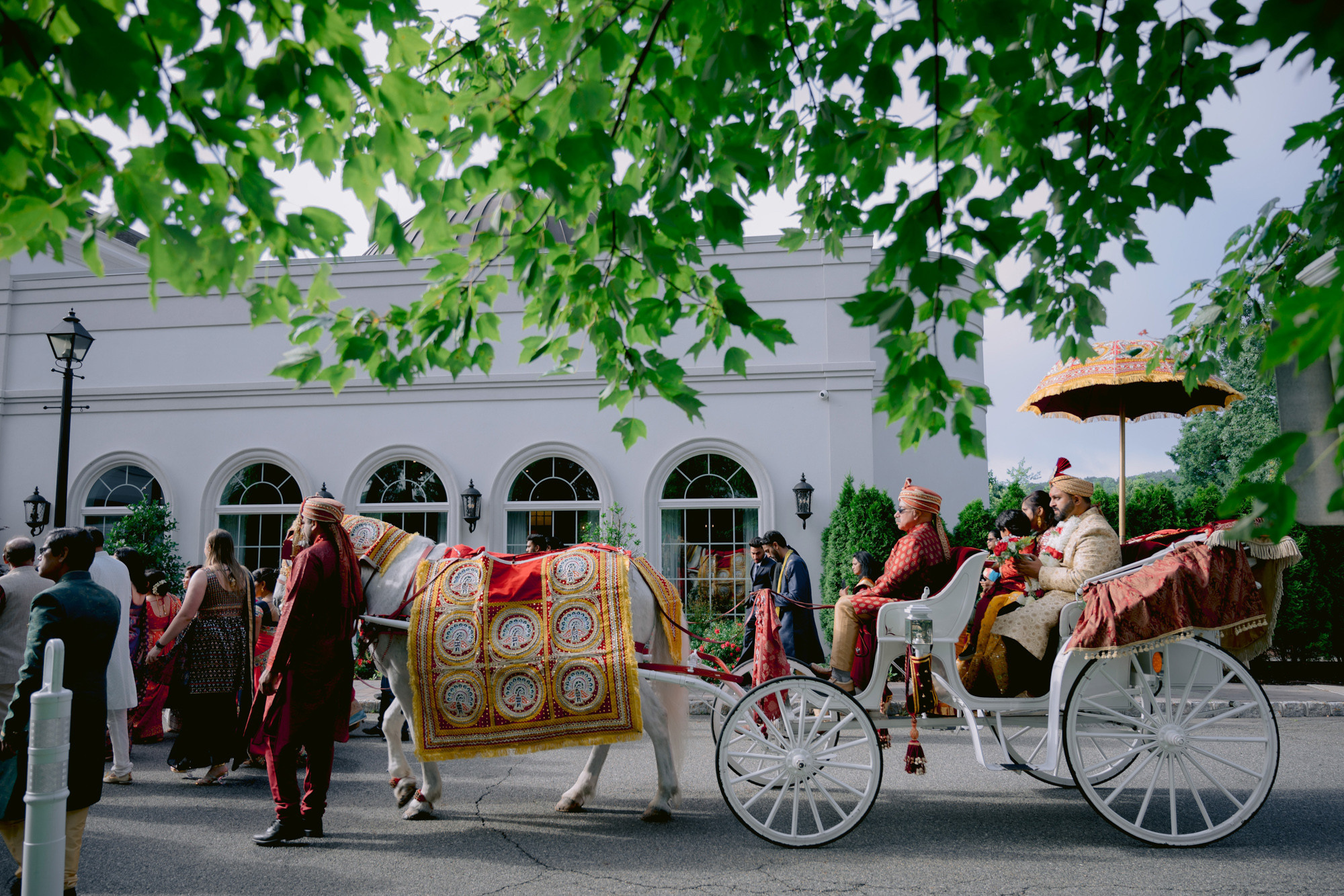 a horse drawn carriage with a man in a red robe
