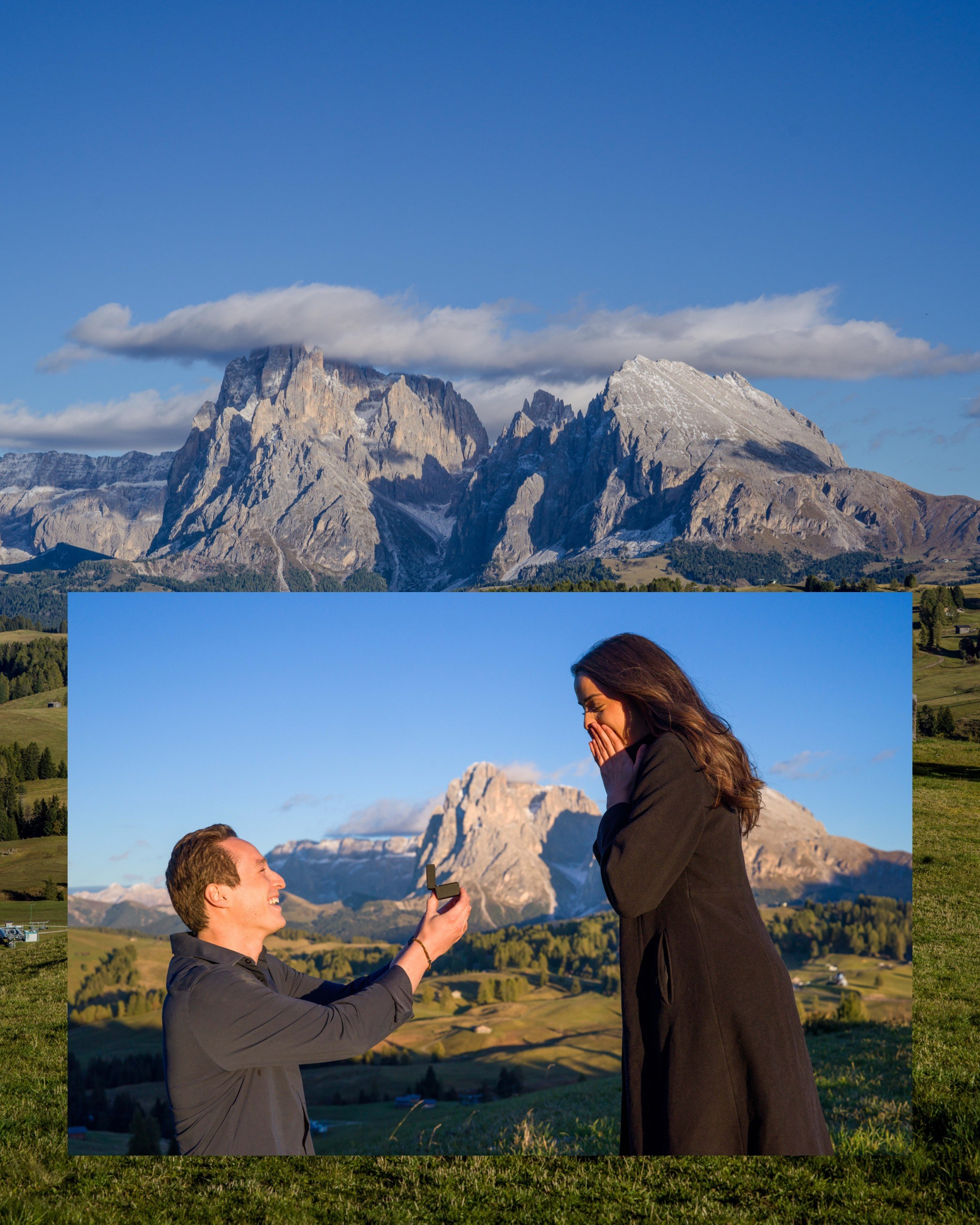 Marriage proposal in the Dolomites at mountain viewpoint