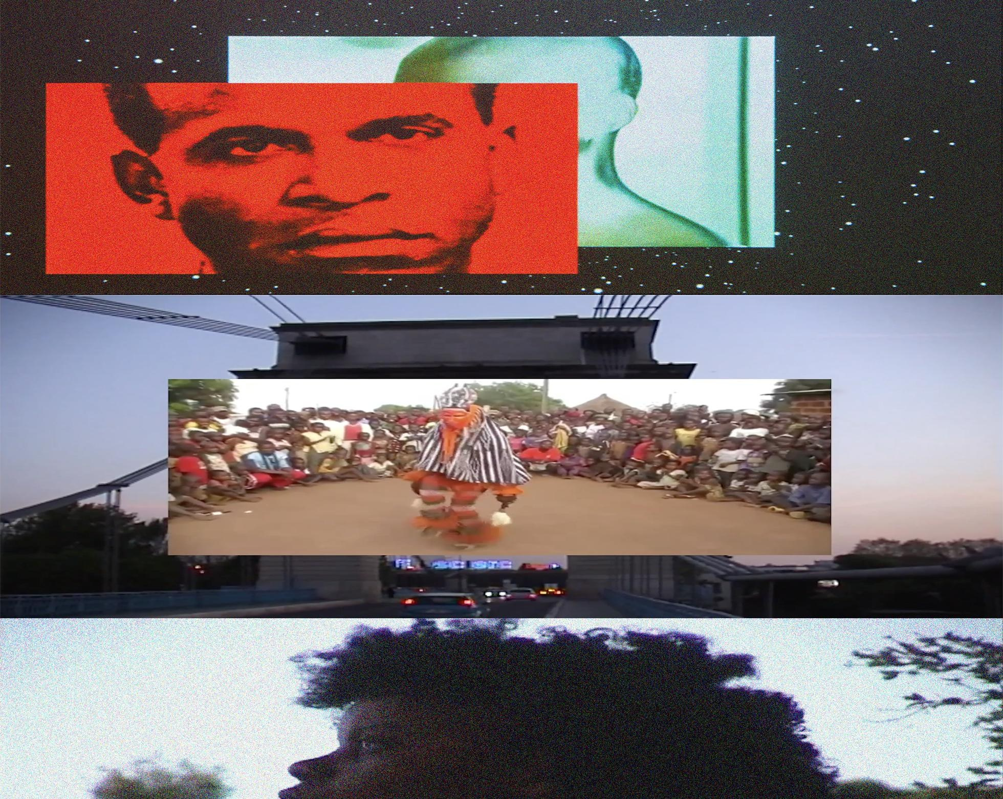 Кадр из работы Кристель Ойири "Collective Amnesia: In Memory of Logobi" (2018–2022), одноканальный HD-фильм, цветной, со звуком, 14:42 мин, представленный на выставке Kuvan Kevät 2024, исследующий забытую историю танца логоби из Кот-д’Ивуара через 3D-анимацию, архивные кадры и постановочные сцены, отражающие темы памяти, идентичности и афрофутуризма.