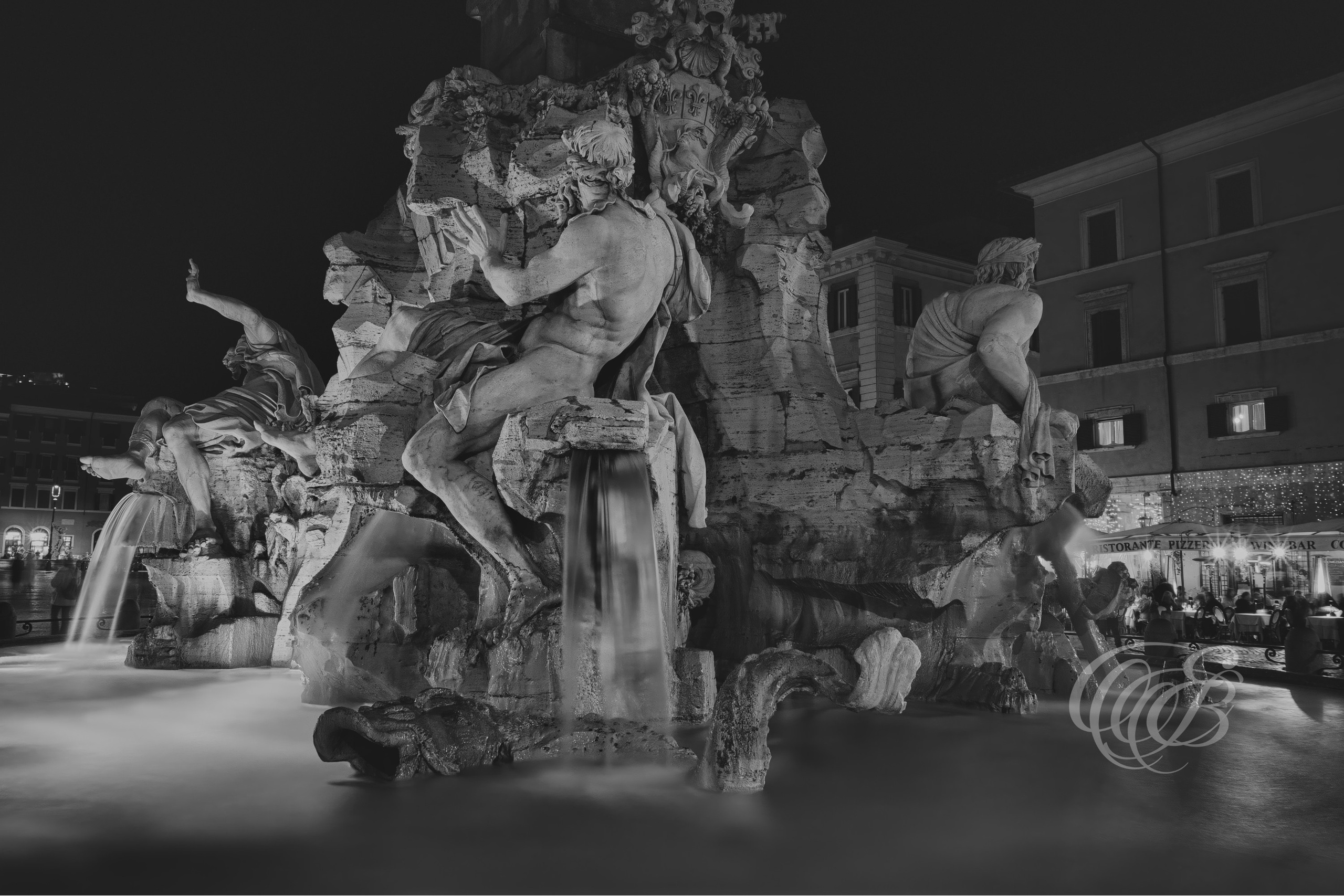 Rome Italy - Fontana dei Quattro Fiumi - B&W Matte - Eduardo Bartoli Fine Art Photography - Black and white matte photograph of Fontana dei Quattro Fiumi in Rome, Italy – fine art photography by Eduardo Bartoli.