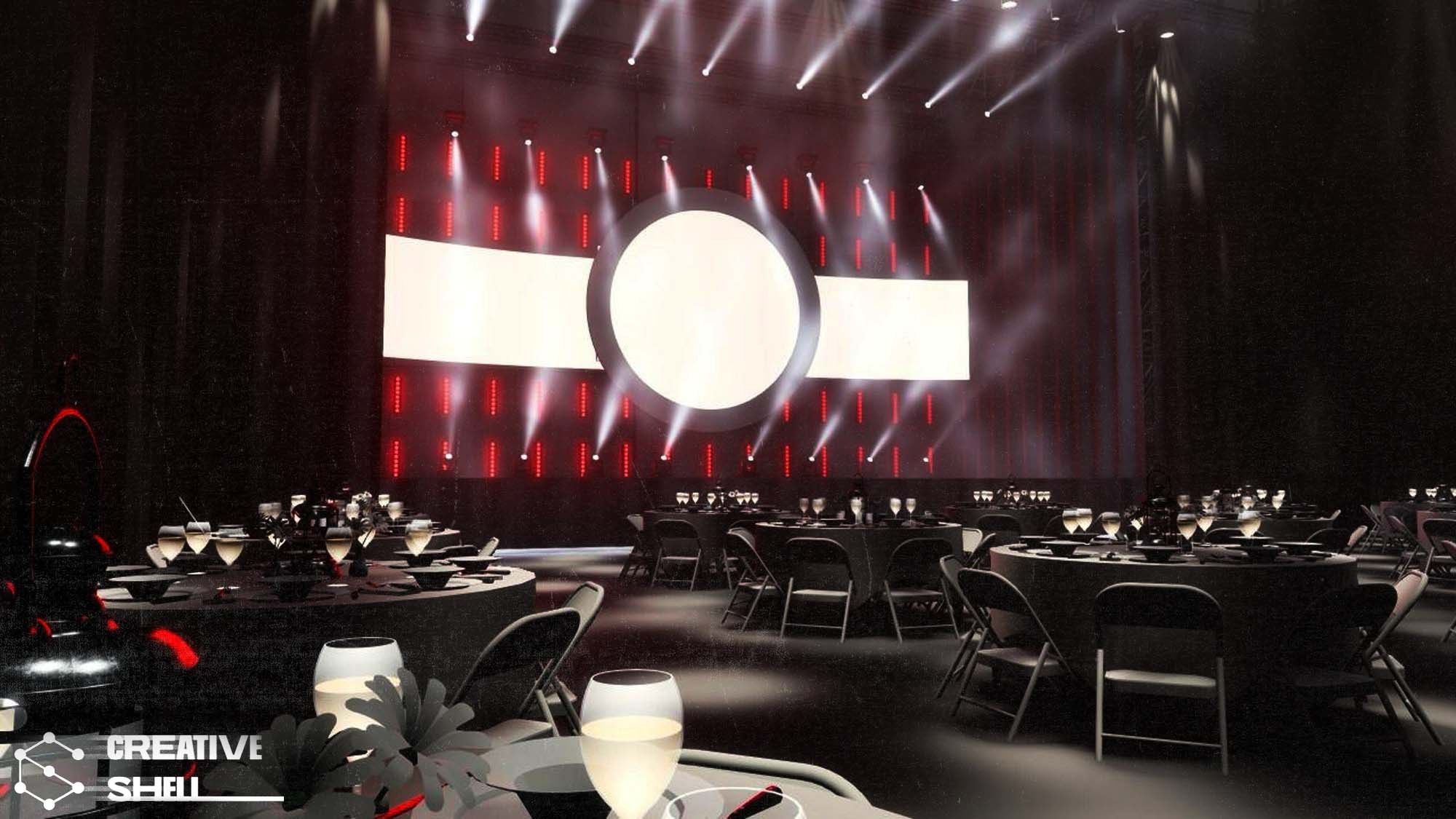 3D-визуализация мероприятия с интегрированным оборудованием: световые приборы, экраны, сцены и декорации, отображение готового дизайна сцен и декораций.