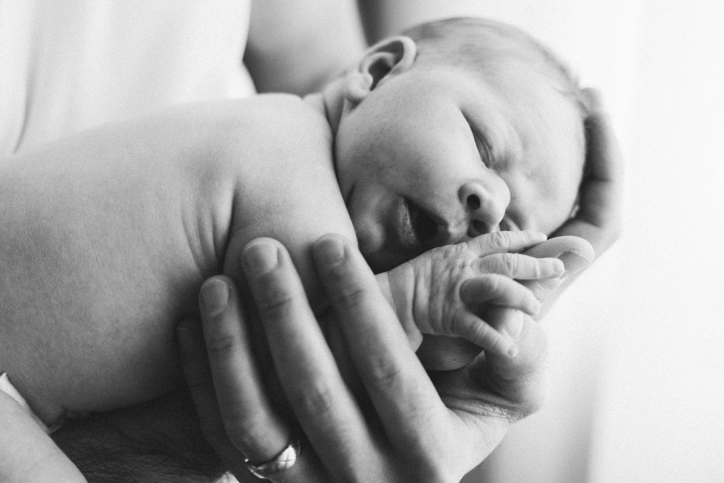 Black and white portrait of newborn in parent’s hands