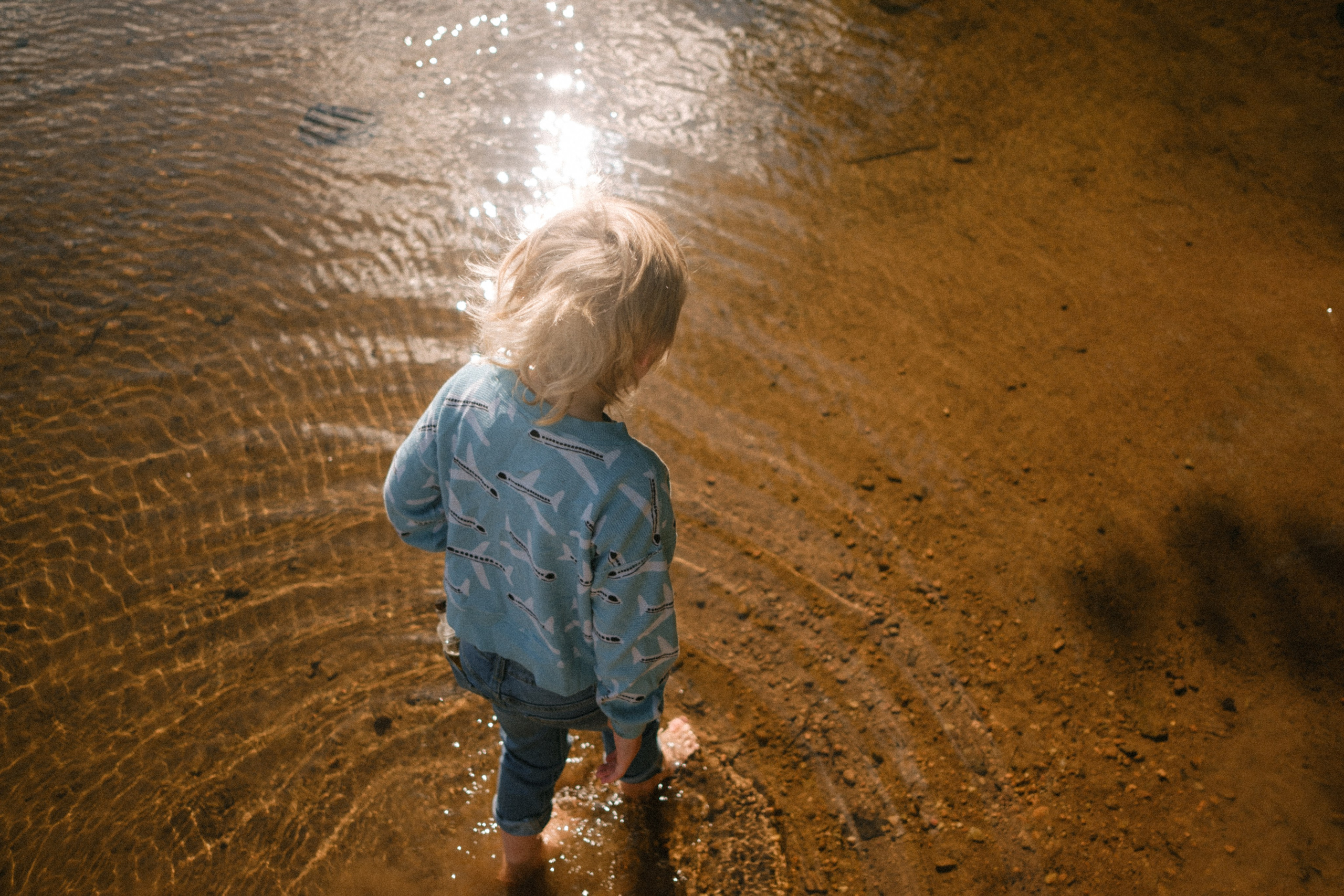 Candid family photography at Pony Pasture along the James River in Richmond, VA, featuring children exploring the shoreline