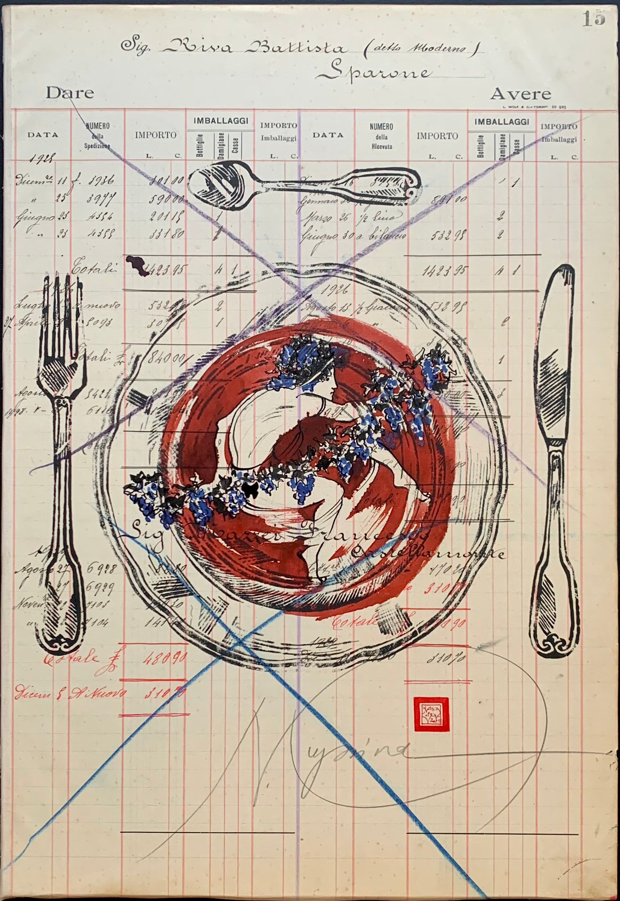 La serie Panem Quotidianum di Nadia Kuprina si configura come un intervento di riattivazione archivistica e simbolica. Un registro contabile piemontese (1918–1930), con nomi e acquisti dei clienti, diventa supporto e matrice concettuale. Il numero della pagina determina il titolo dell’opera. Su questa struttura documentaria l’artista stampa a mano piatti e posate in linoleografia, dipingendo il piatto in inchiostro seppia con riferimenti decorativi alle ceramiche elleniche. Il lavoro costruisce un dialogo tra antico e moderno, tra economia e ritualità, trasformando il pasto condiviso in dispositivo narrativo e antropologico.