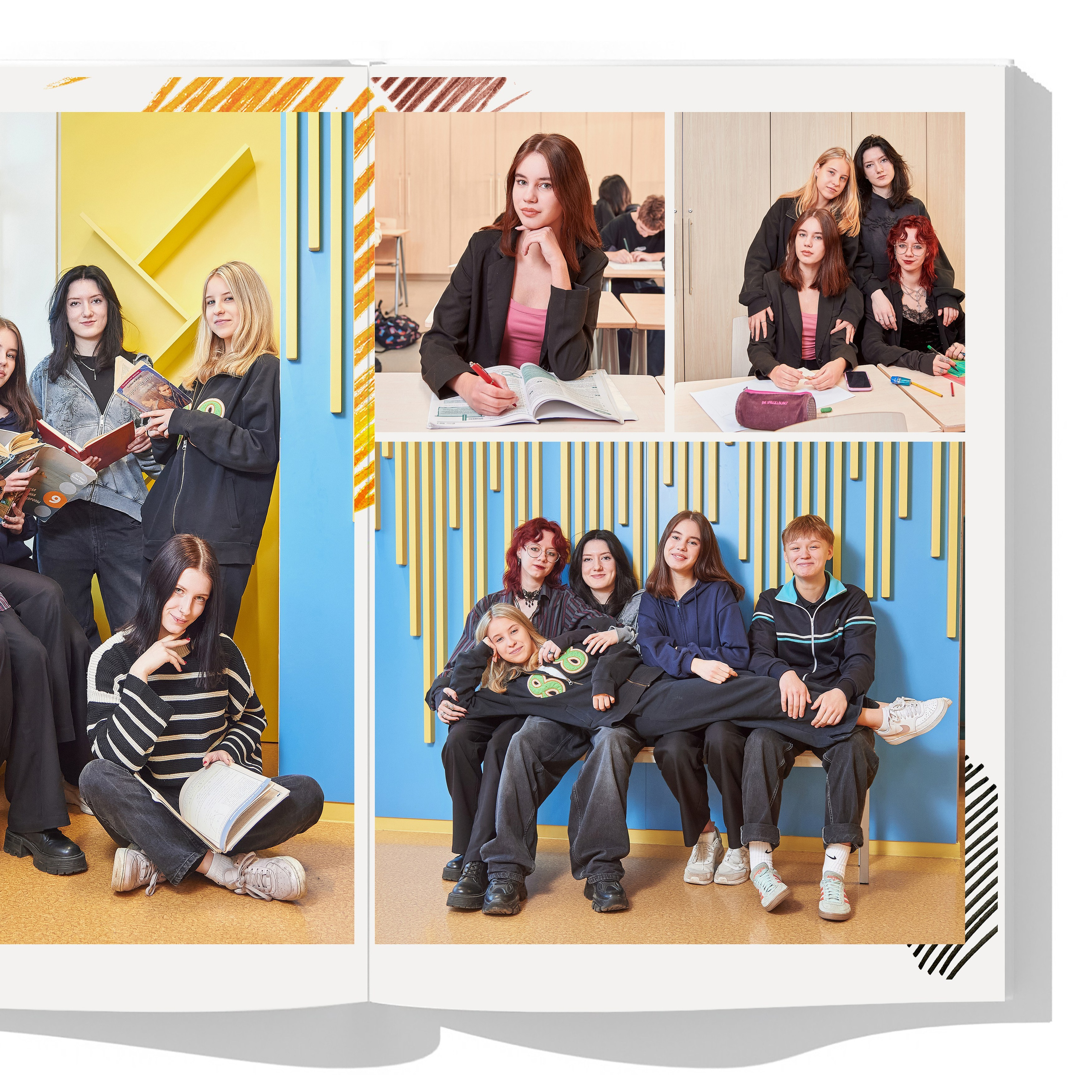 Разворот с друзьями и портреты в школьном коридоре