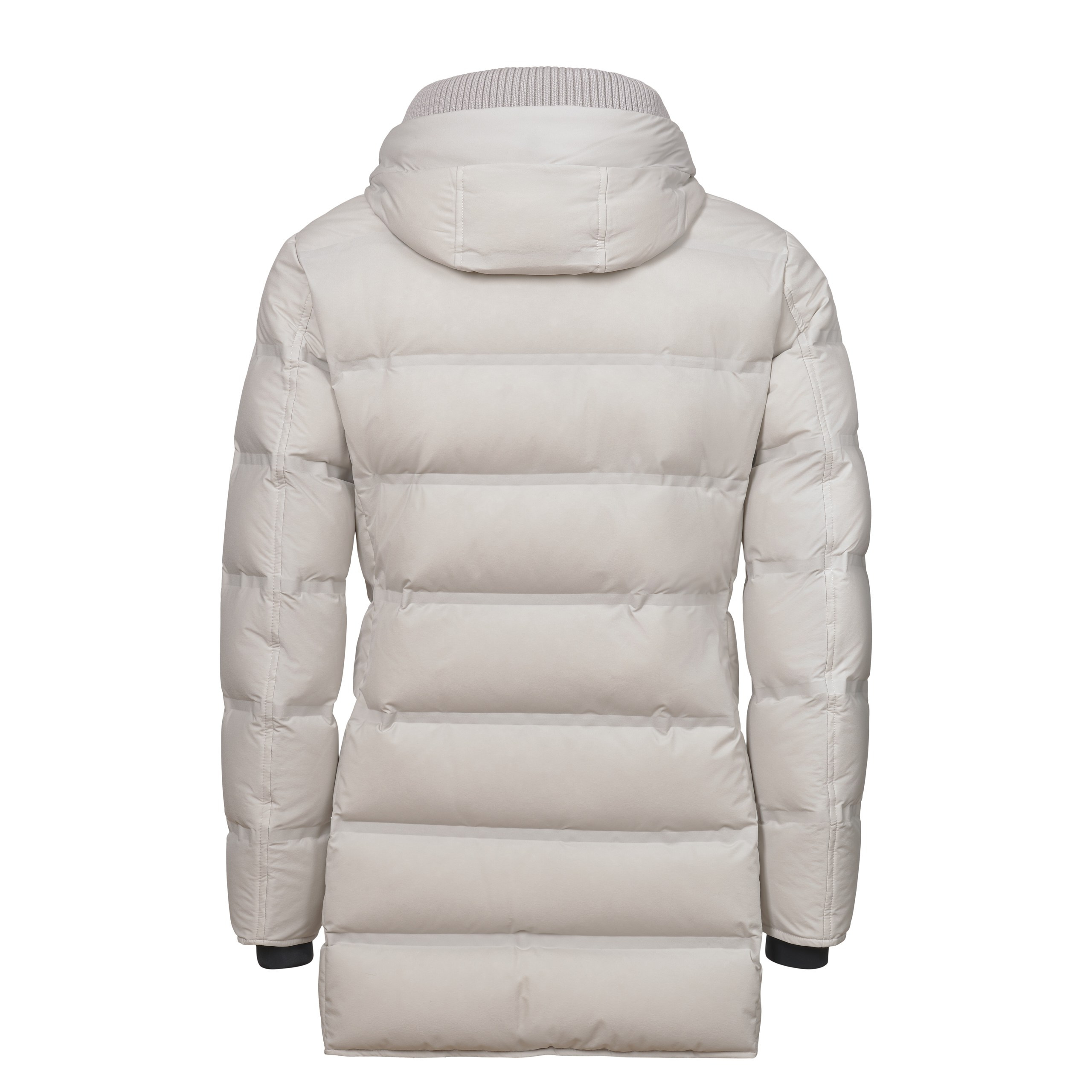 Unsichtbare Mannequin-Fotografie – Rückansicht des gestepp­ten Parkas in Nebelgrau mit Kapuze.